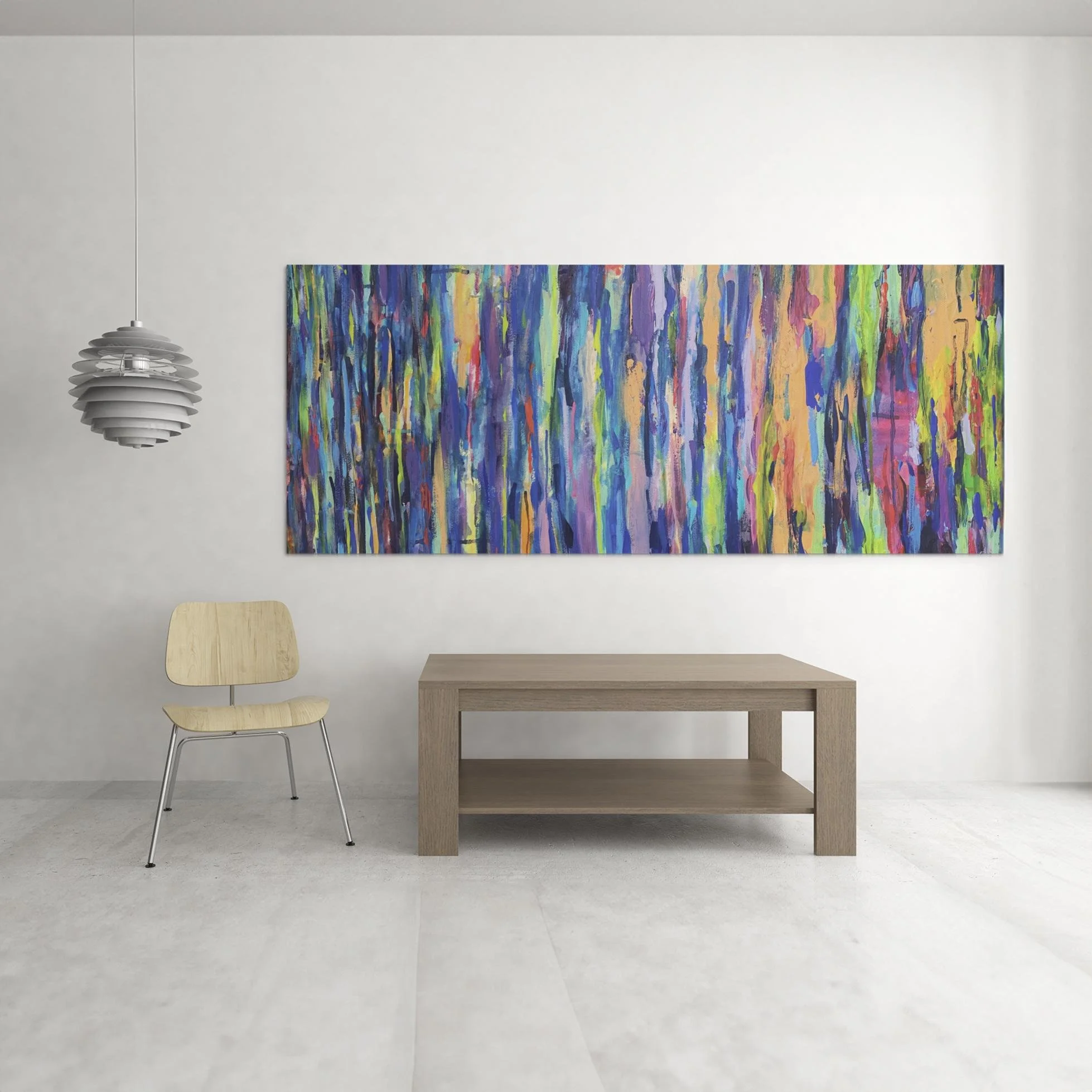 “Shimmer” featured in a modern interior with a wooden table and pendant light, drawing attention with its rhythmic vertical color patterns and glowing energy.