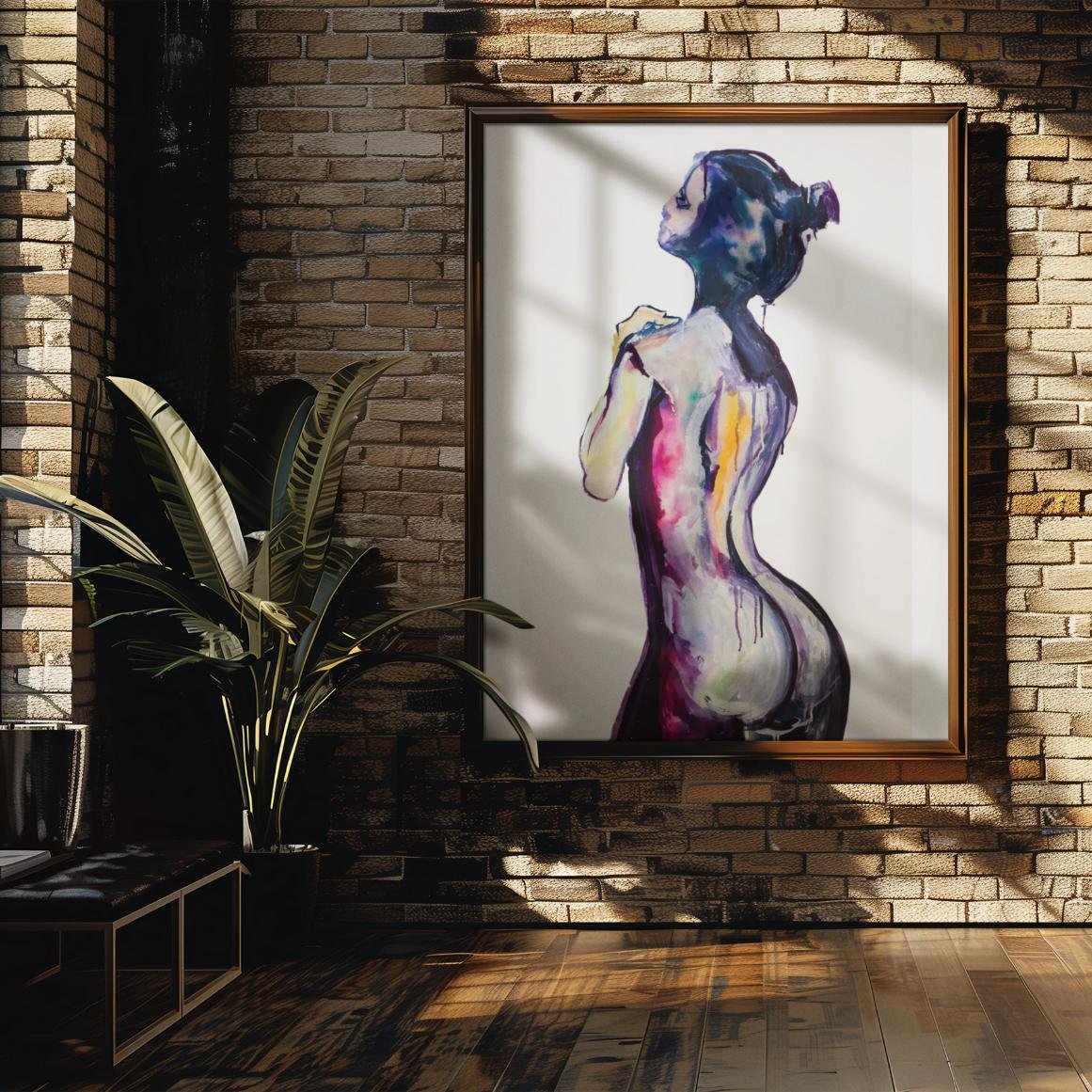 Framed print of Heart displayed in a stylish brick interior with warm lighting and tropical decor.