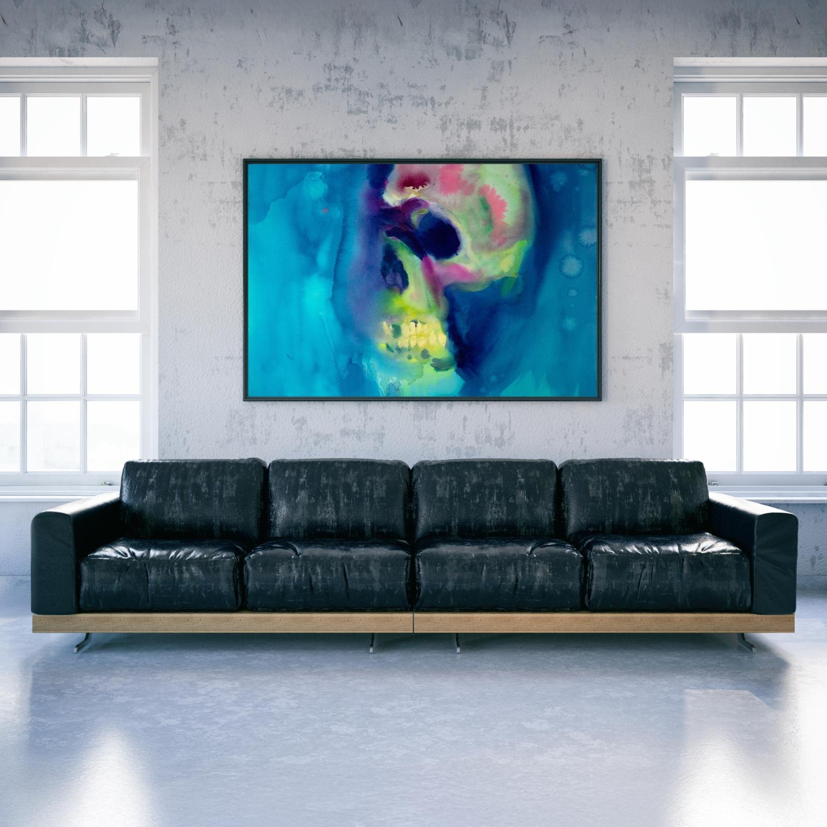 Ethereal skull image painted in cool oceanic hues with vibrant accents, blending seamlessly into a watery blue wash.