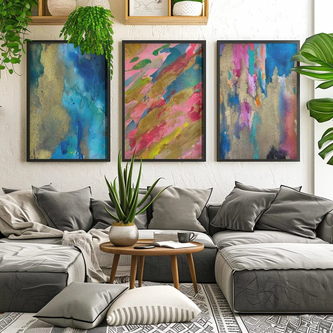 Eclectic living room with indoor plants and gray sectional couch, displaying three bold abstract watercolor paintings in black frames.