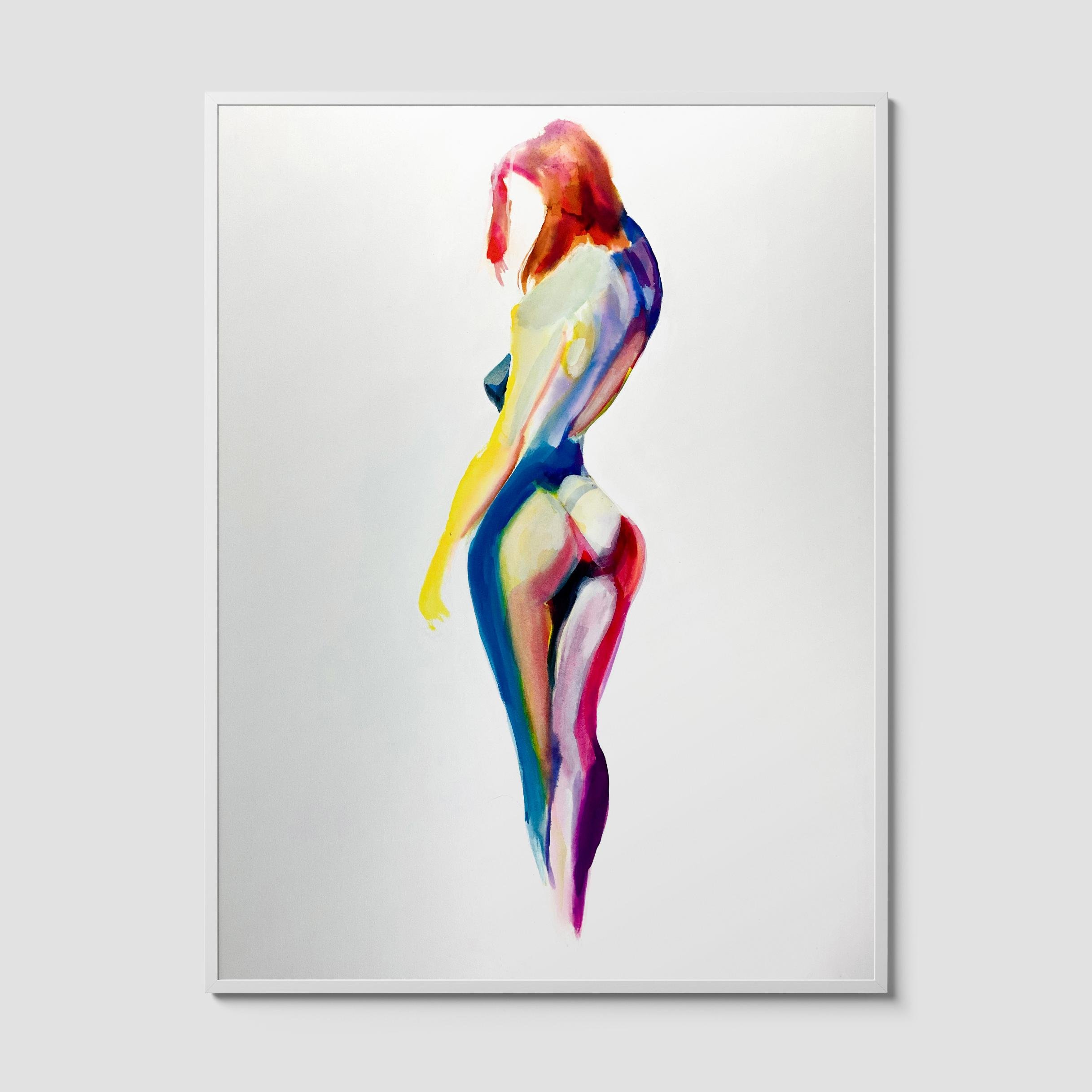 Colorful nude watercolor art print with vibrant blue, pink, yellow, and red tones against a clean white background.