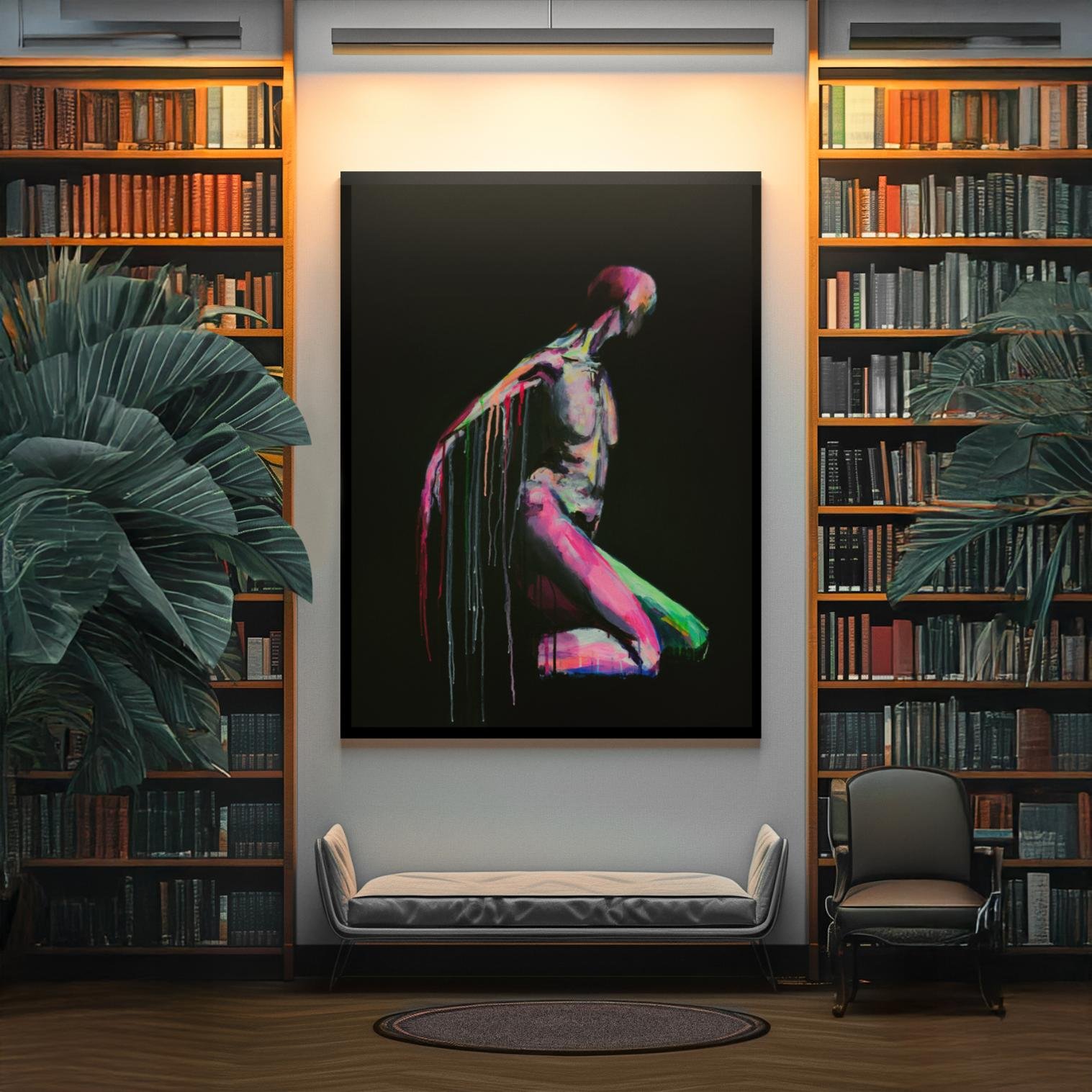Artwork shown in a cozy library space with bookshelves and plants, spotlighted on a tall wall above a bench, giving it a gallery-like presence.