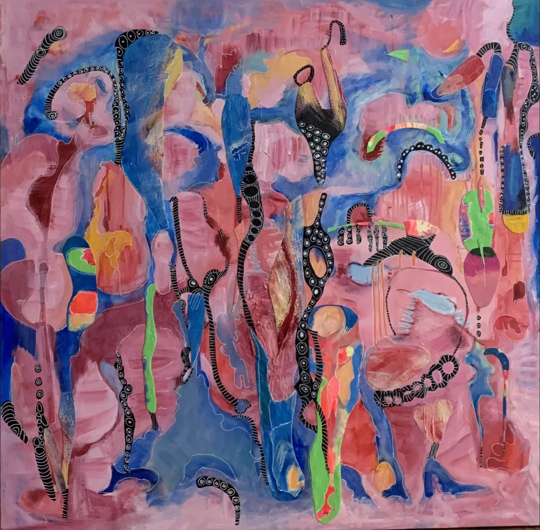 Land Formation 2020-2025. 40 x 40" Collage, acrylic and silver ink pen on canvas.