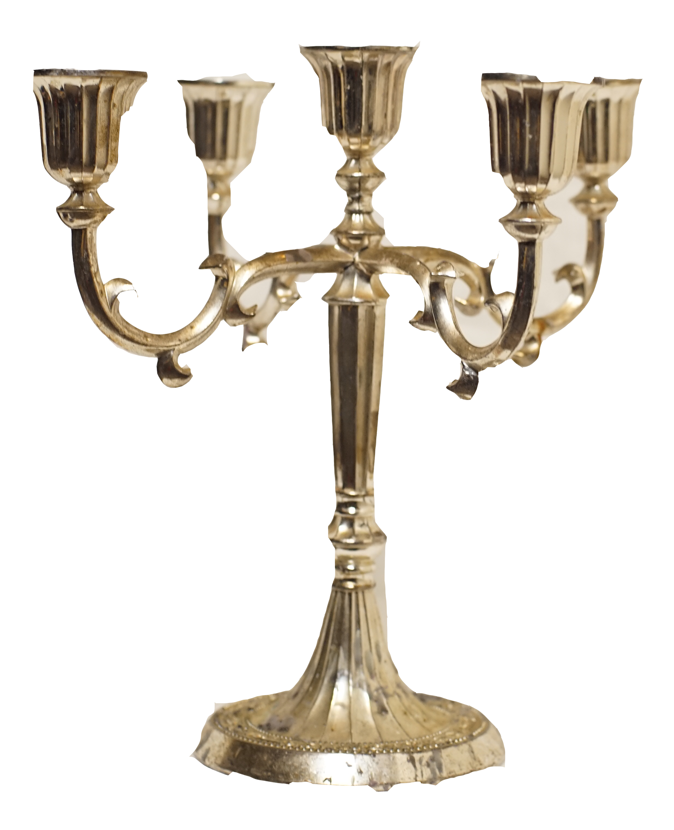 A gold-colored candelabrum with five candle holders, ornate curved arms, and a decorative base.