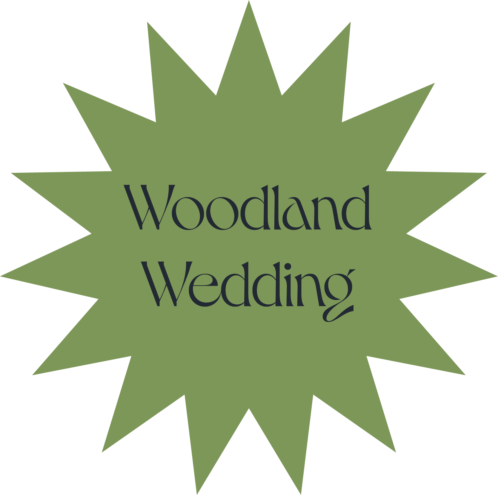 A green starburst graphic with the text 'Woodland Wedding' in dark blue font.