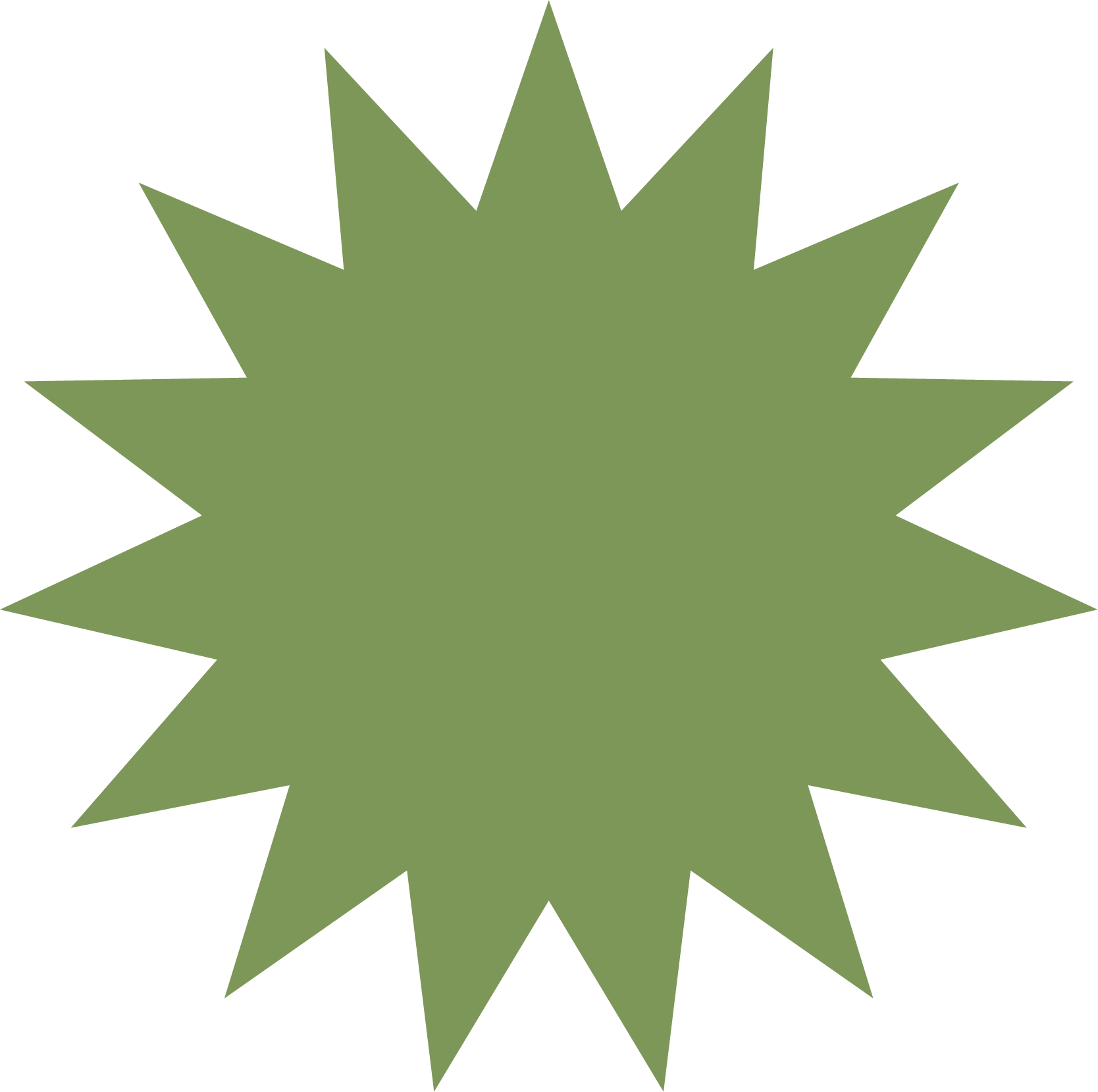 A large green starburst shape with multiple pointed edges on a black background.