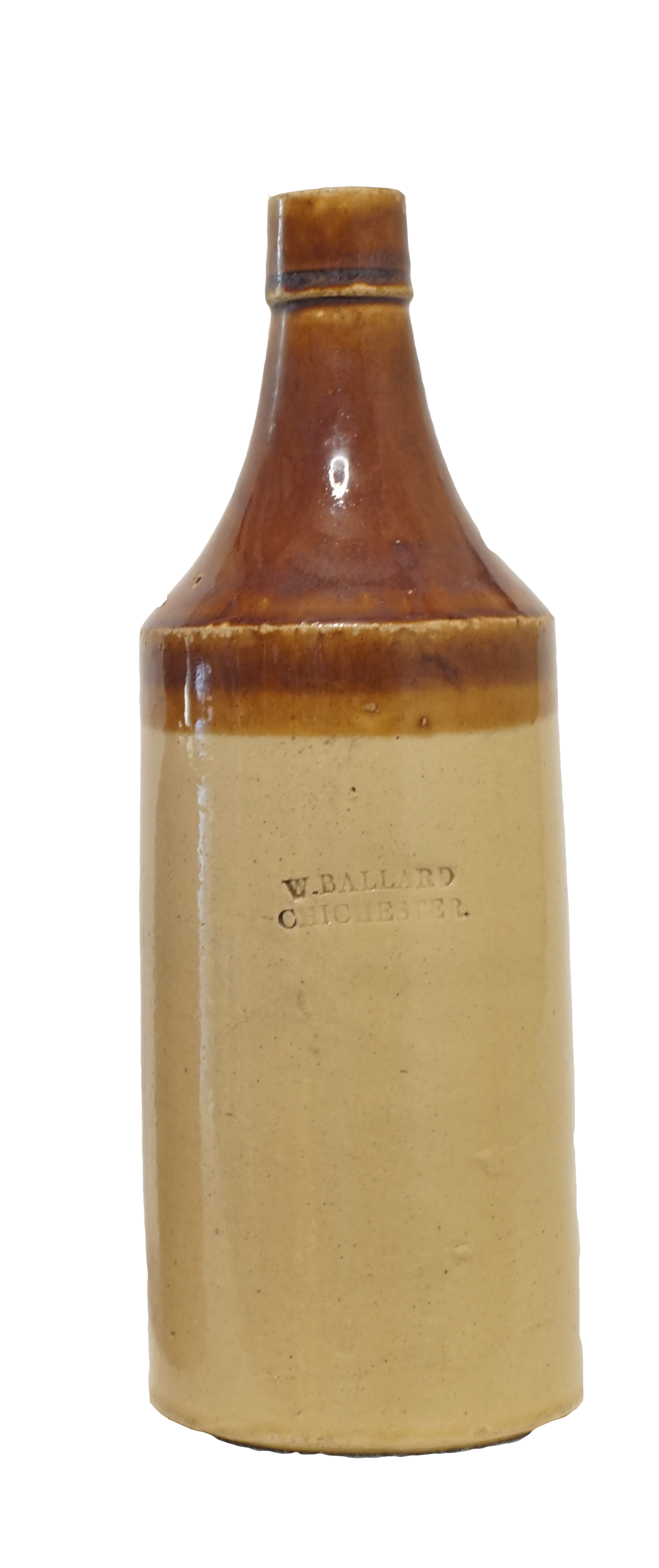 A vintage ceramic bottle with a brown and beige glazed finish, inscribed with 'W. BALLARD CHELTEN'.