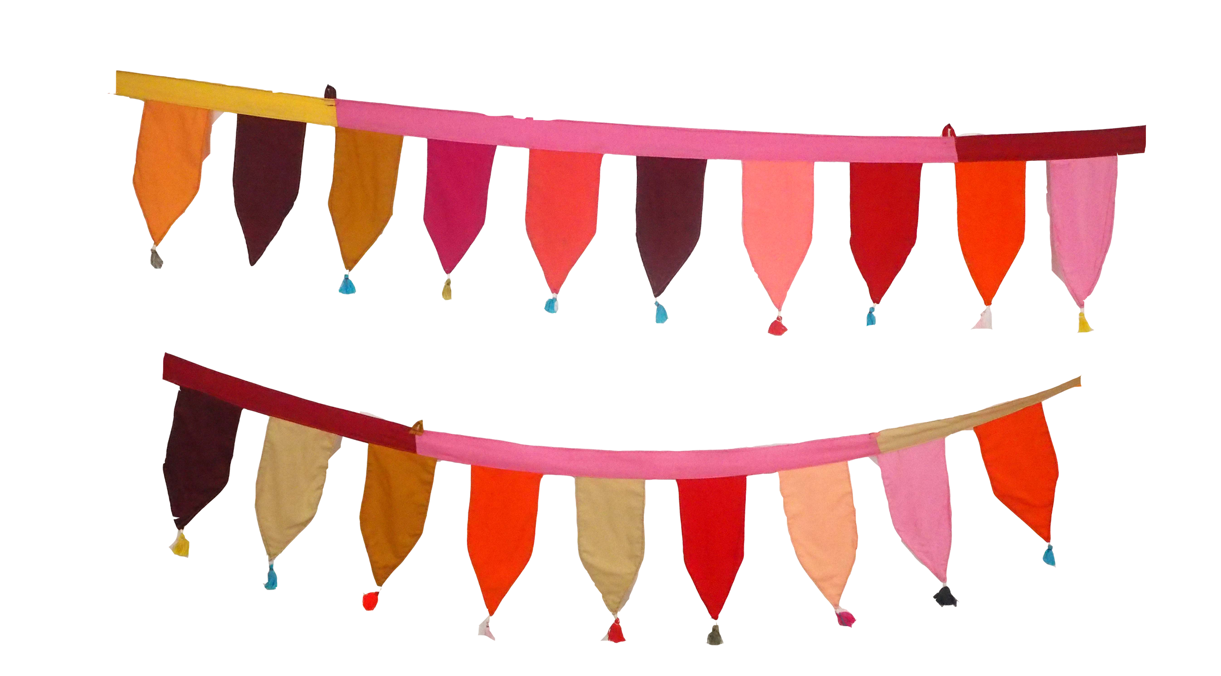 Two strings of colorful fabric pennant banners with hanging tassels, featuring shades of pink, red, beige, orange, brown, and black.