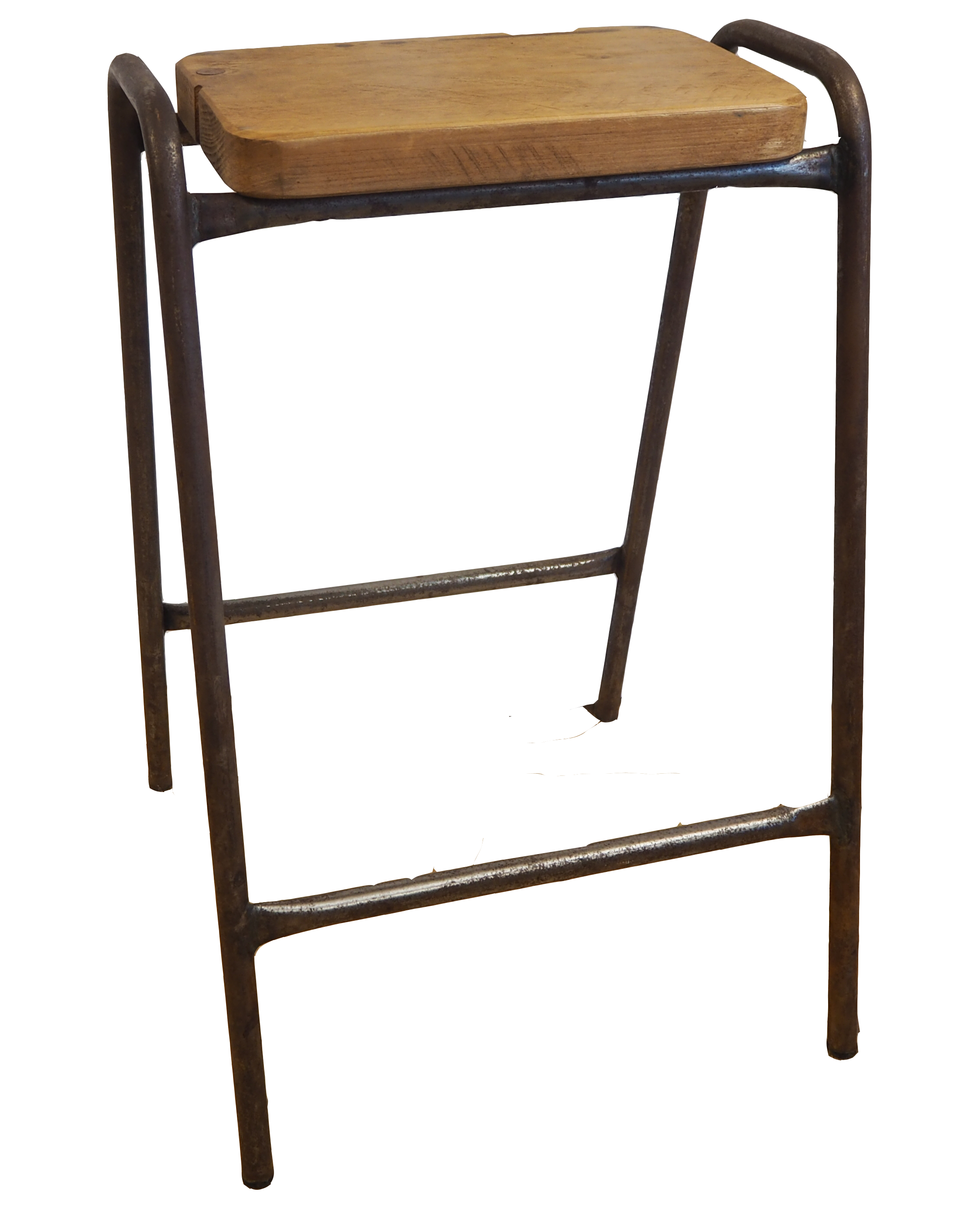 A vintage stool with a wooden seat and metal frame.