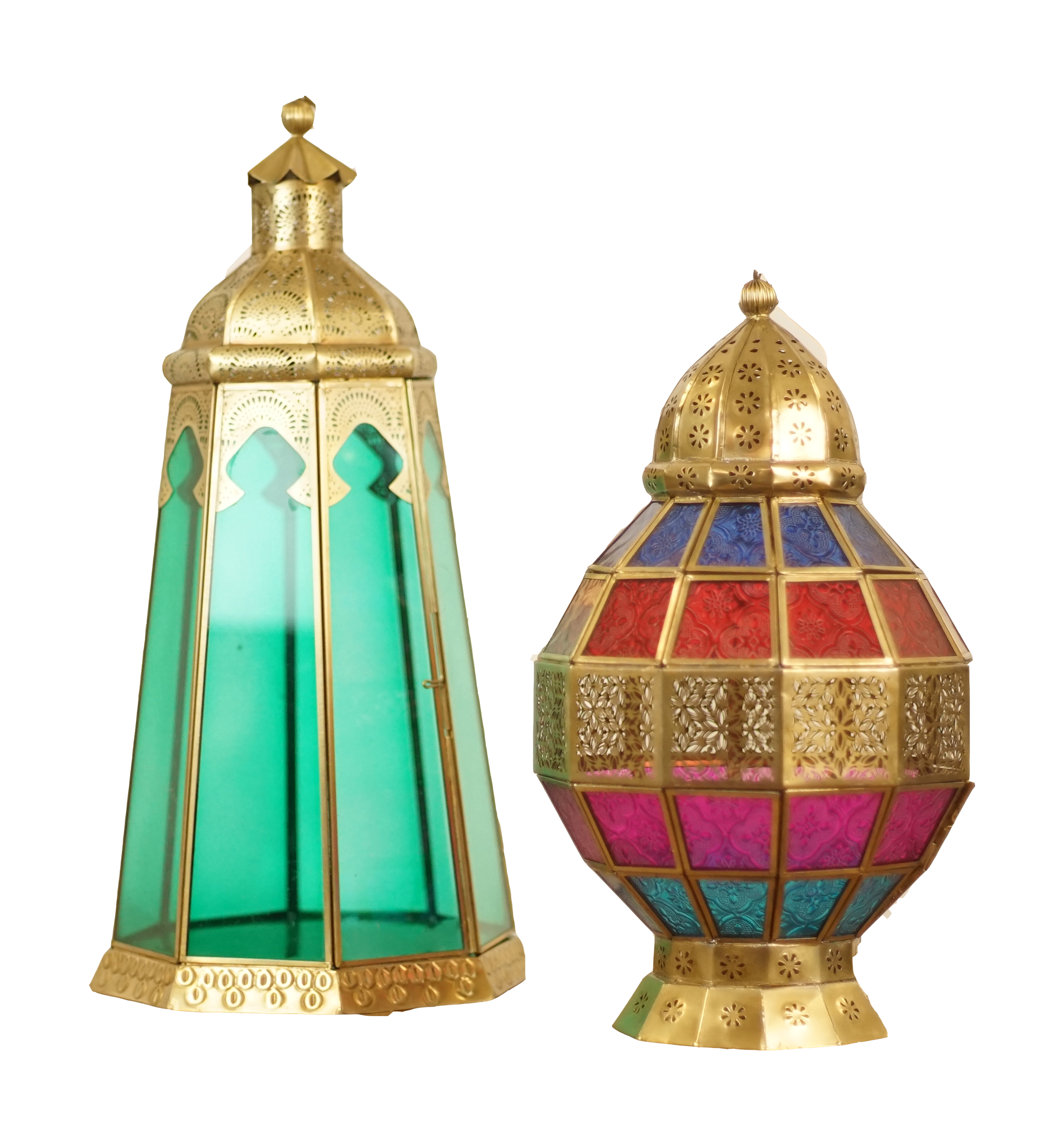 Colorful decorative lanterns with stained glass panels and gold accents.