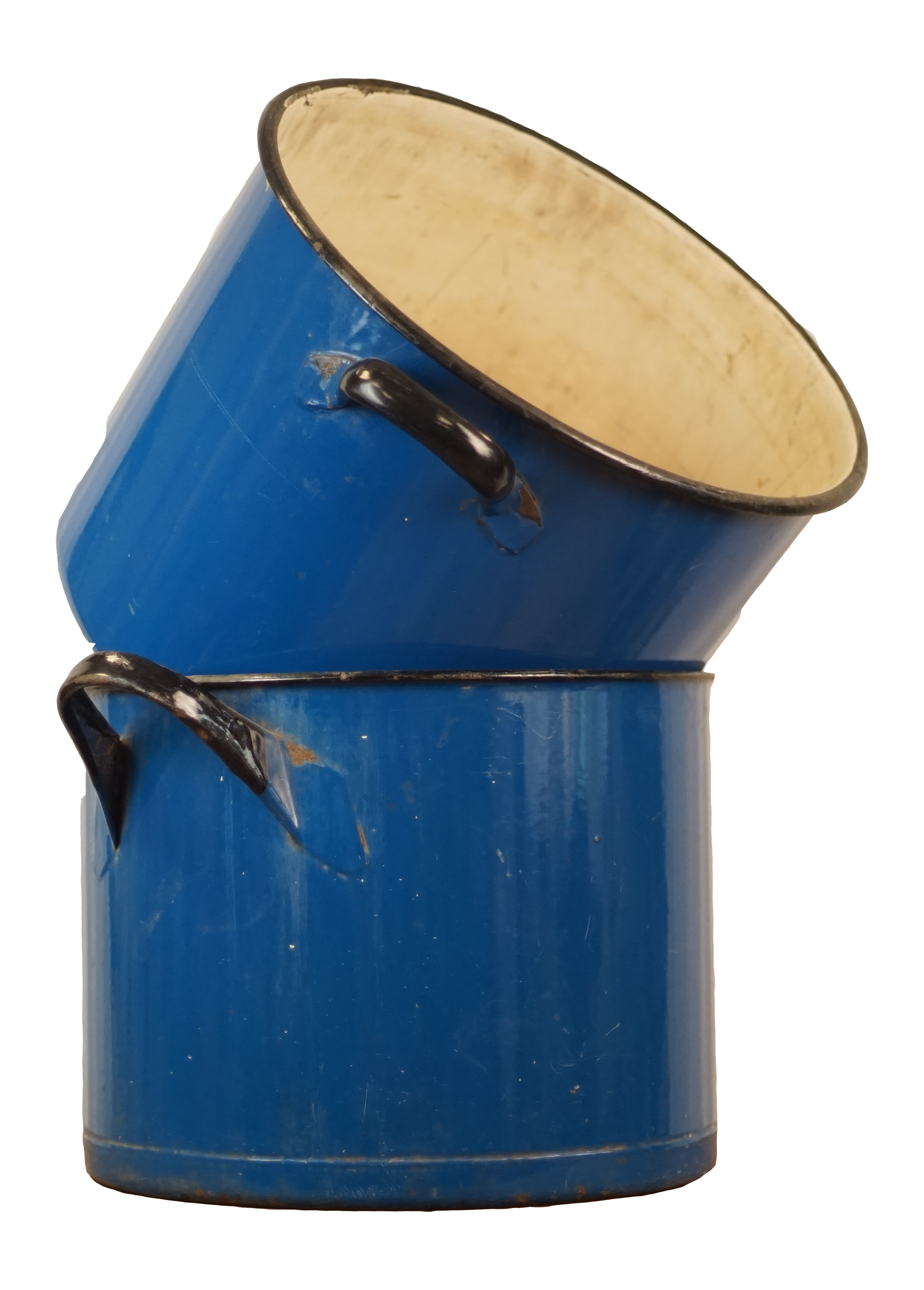 Two blue enamel buckets stacked, with the top bucket tilted