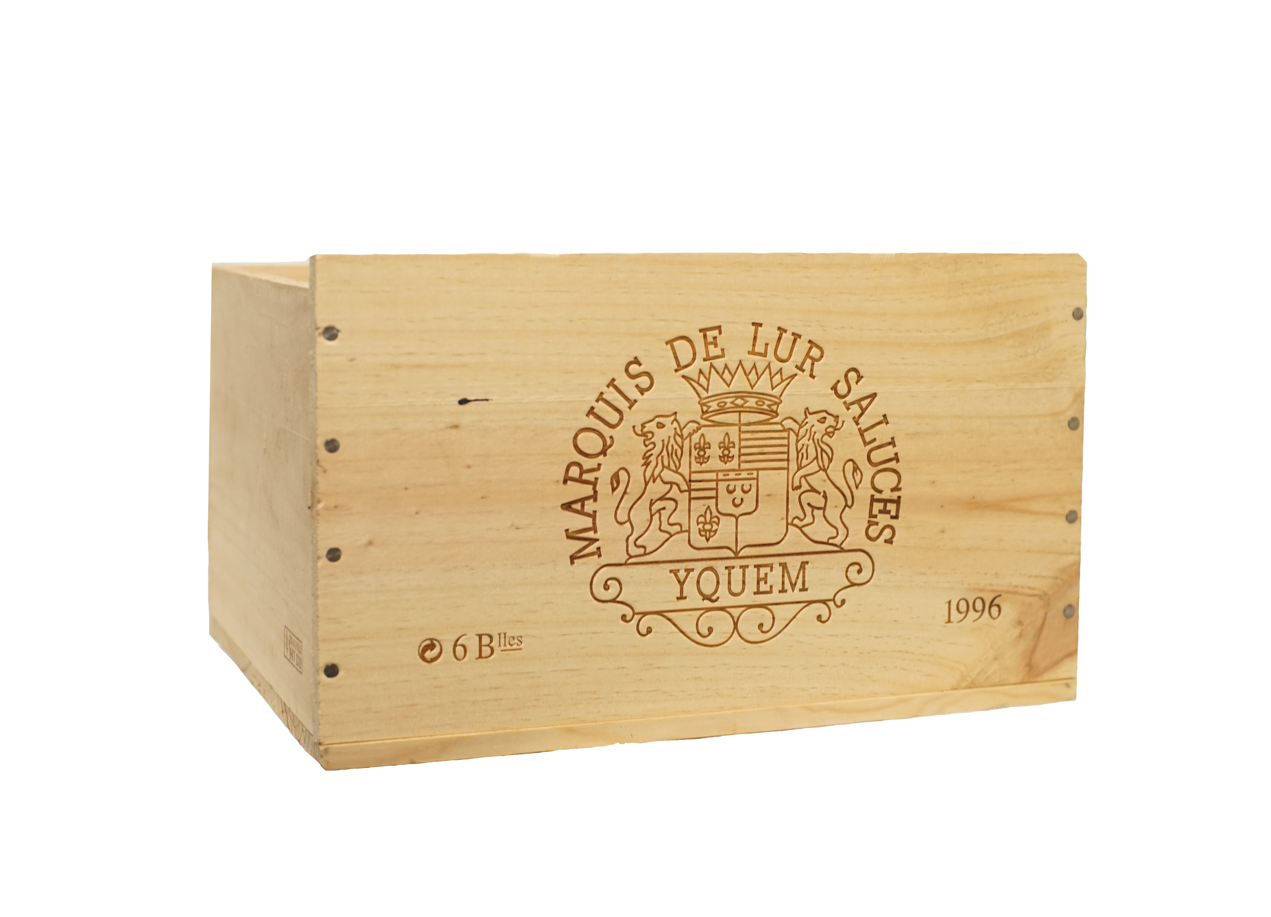 A wooden wine box with engraved crest and text, including the phrases "Marquès de Lur Saluces," "Yquem," and the year "1996."