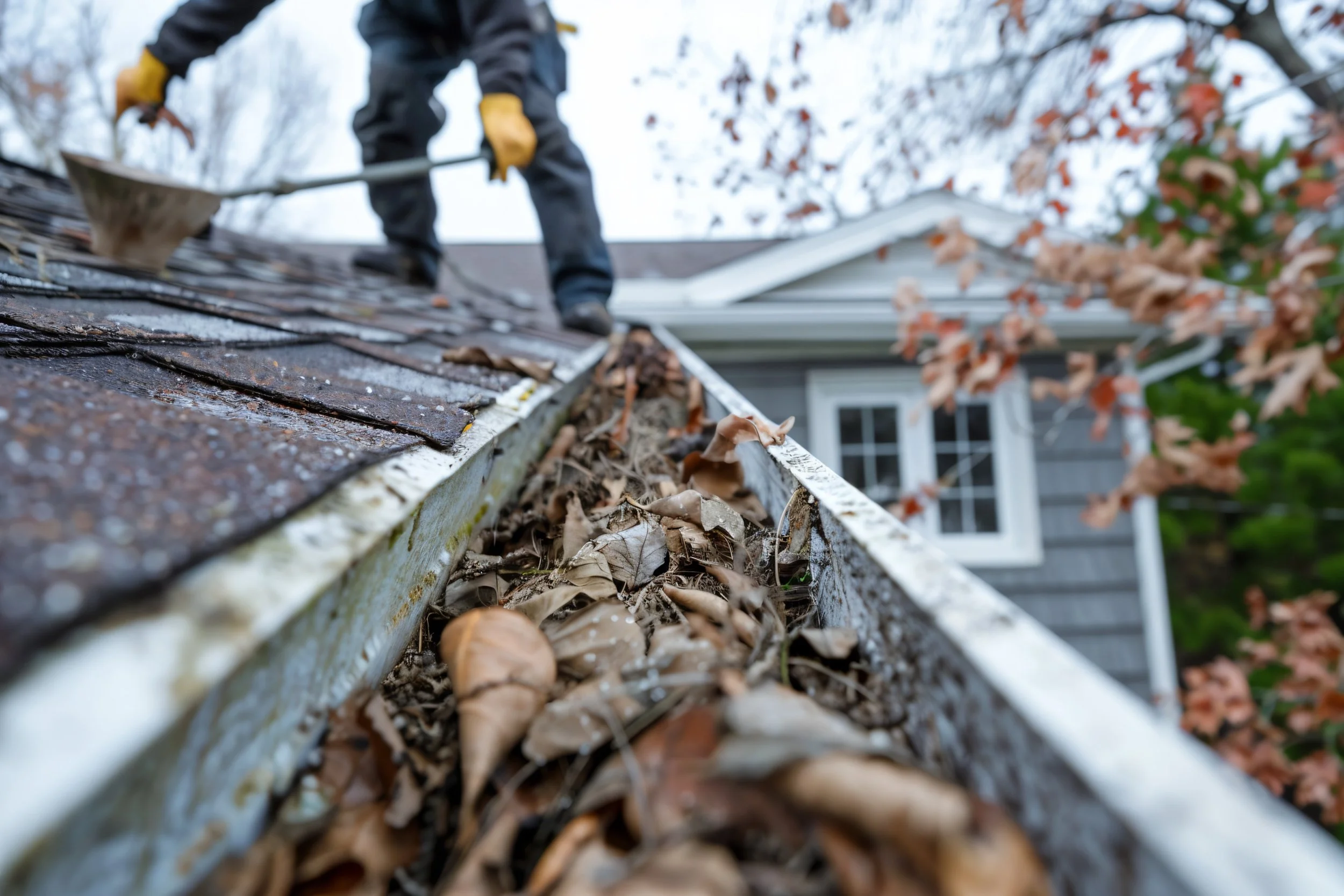 Person cleaning leaves from a house gutter