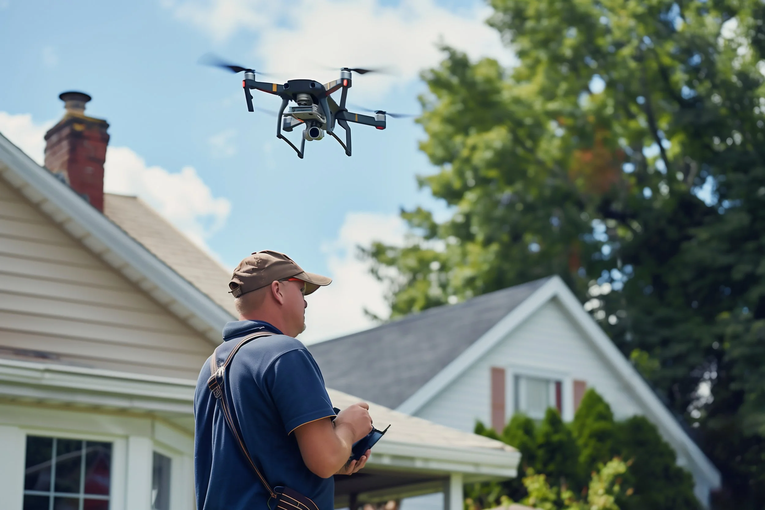 Man operating a drone with a remote controller outside a residential house.