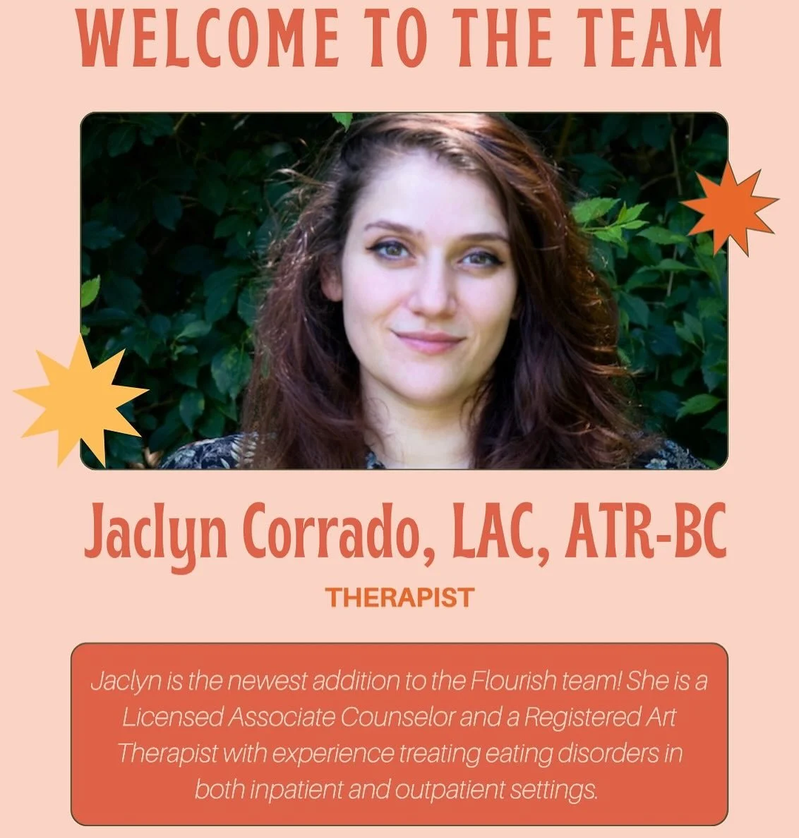 So excited to have a new therapist join our team. 

Jaclyn has experience working with eating disorders and trauma! Her experience ranges from inpatient levels of care all the way to outpatient levels of care. 

Jaclyn currently has night time and we
