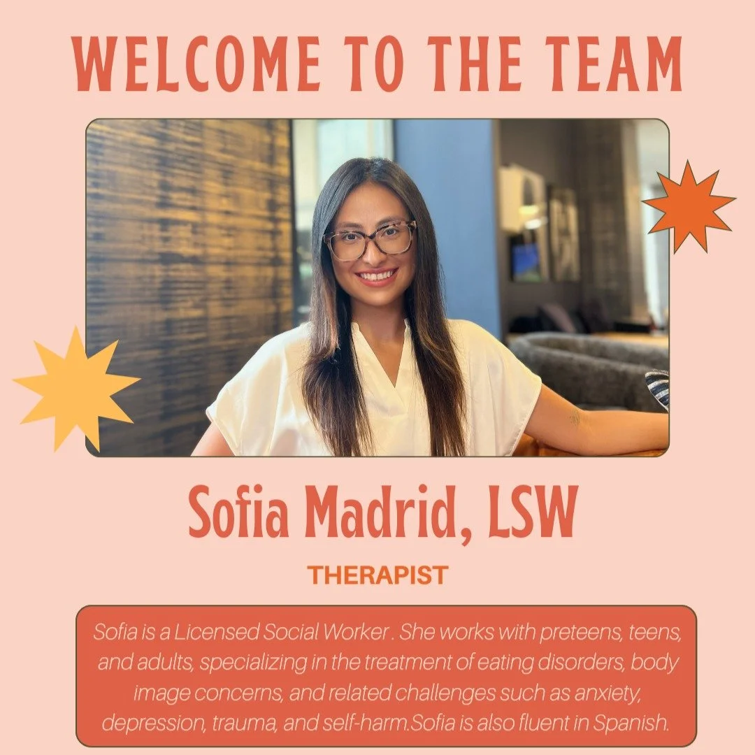 Welcome Sofia!! Sofia is our newest addition to the team and we are so excited to have her. Sofia specializes in eating disorders, body image concerns, and related challenges such as anxiety, depression, trauma, and self-harm. 

Sofia currently has m