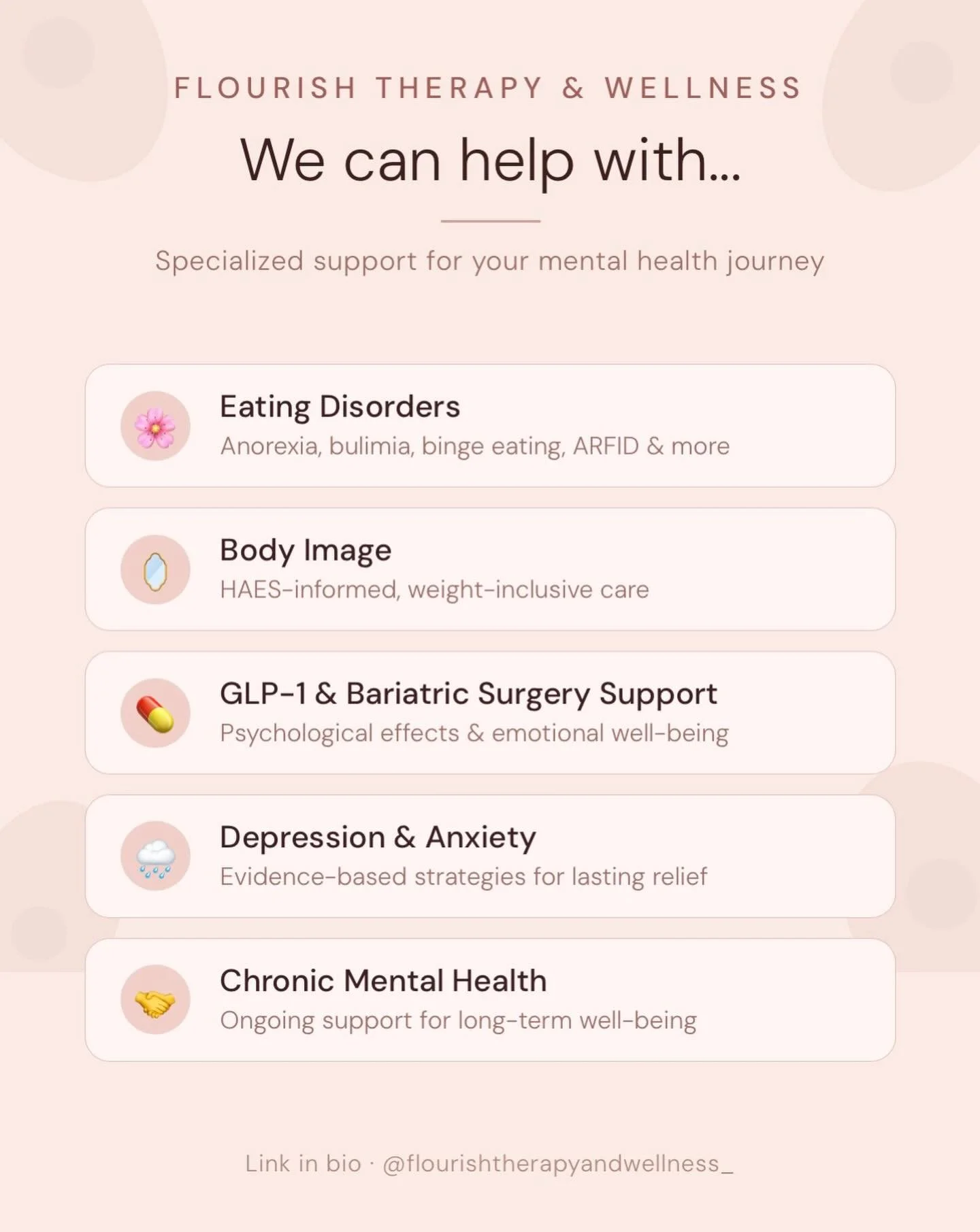 Whether you&rsquo;re navigating an eating disorder, struggling with body image, working through the emotional side of GLP-1 or bariatric surgery, or just trying to feel like yourself again, we&rsquo;ve got you. 

While eating disorders are our main f