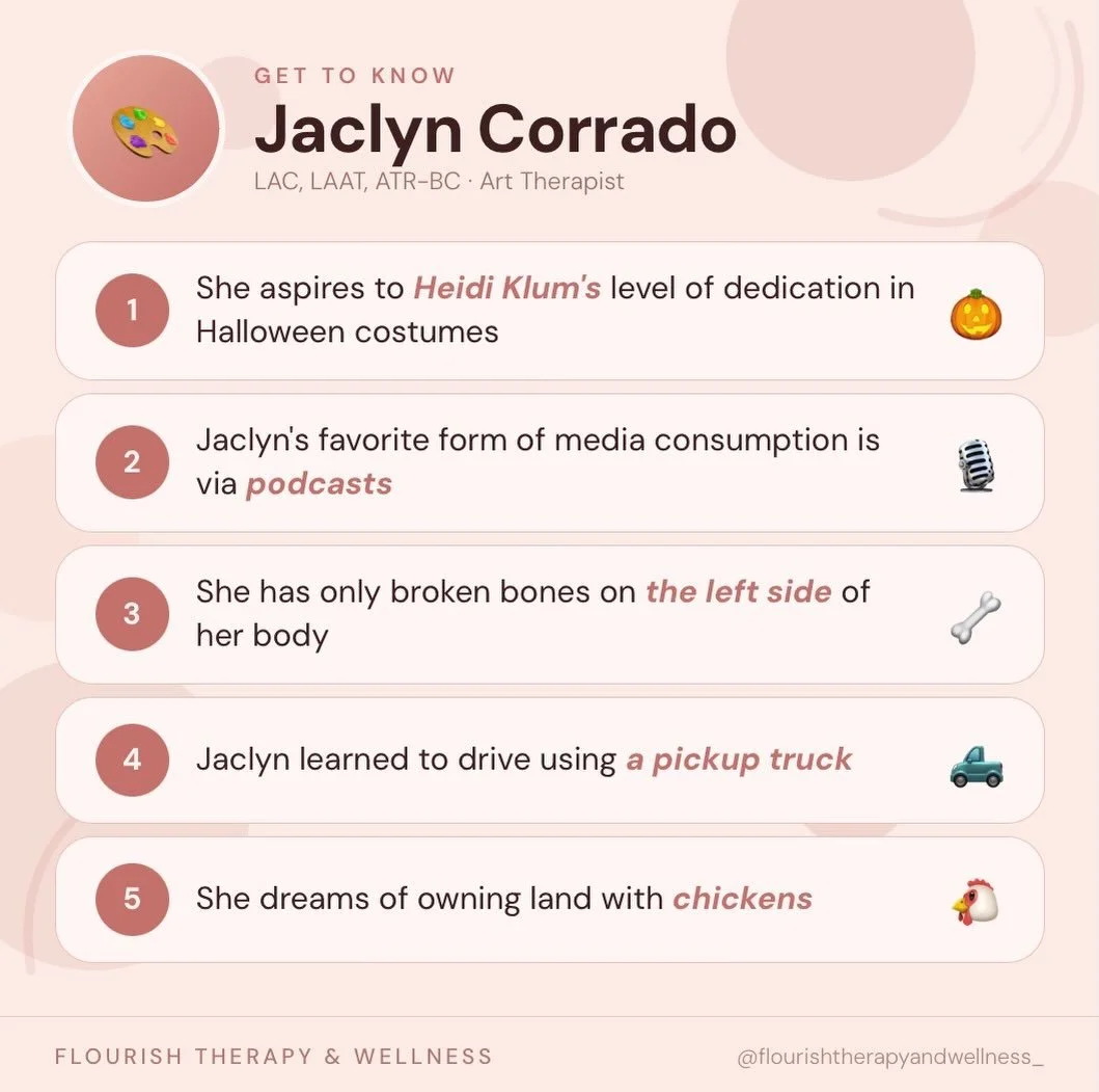 Pftttt self-disclosure! 

Meet Jaclyn! 🎨✨

Our art therapist, Jaclyn Corrado (LAC, LAAT, ATR-BC), is here to remind you that therapy can be fun &amp; creative!
