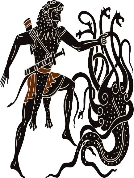 Ancient Greek depiction of a warrior fighting a multi-headed serpent or hydra.