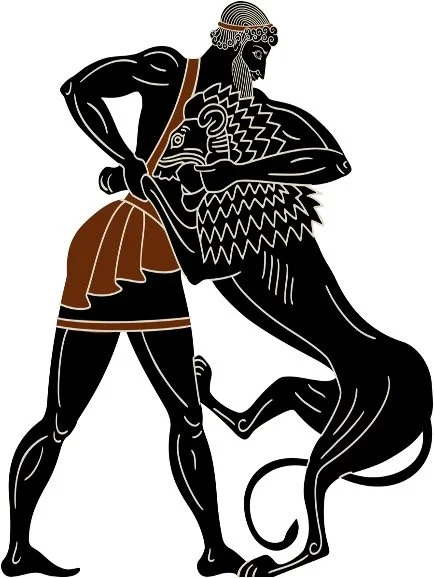 Ancient Greek illustration of a man in a skirt fighting a lion.