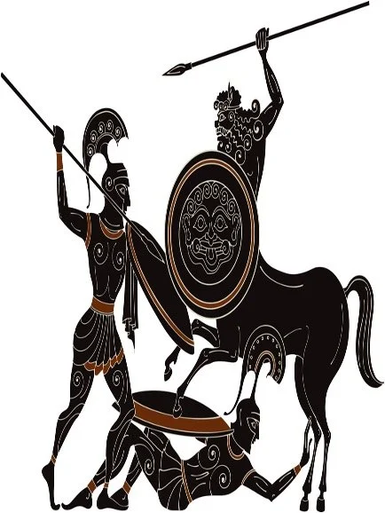 Ancient Greek warrior holding a spear and shield, fighting a centaur armed with a spear, in black and white illustration style.
