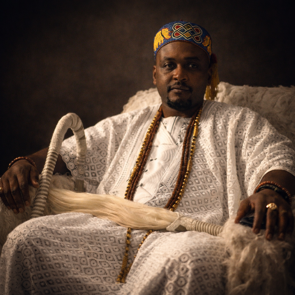 A man in traditional African attire sitting on a chair, wearing a colorful embroidered hat, multiple beaded necklaces, and holding a staff, with a serious expression.