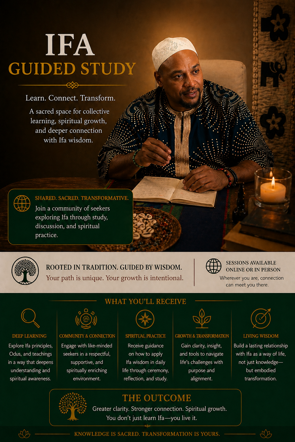 Promotional flyer for IFA guided study, featuring a man in traditional attire, illuminated by a candle, with details about IFA principles, community connection, spiritual practice, growth, and transformation, and emphasizing structured learning, reflection, and spiritual growth.