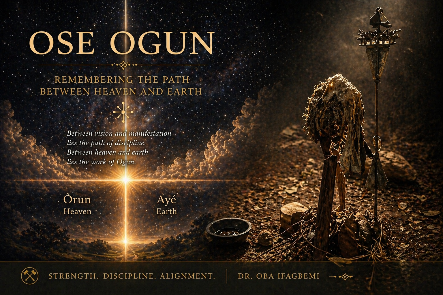 Ogun shrine in Oyo with iron staff and ritual elements representing strength, discipline, and the path between heaven and earth in Yoruba tradition.