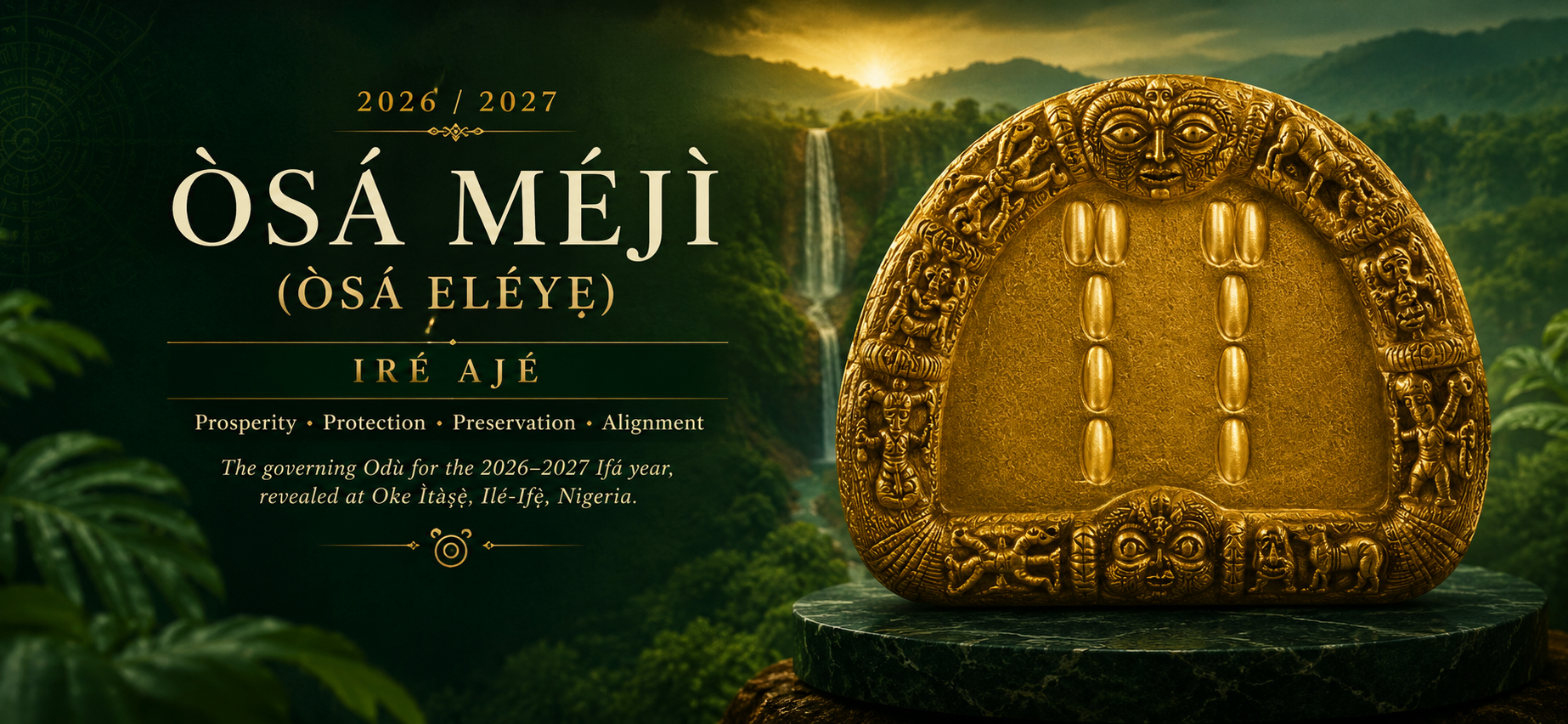 Gold-colored Odu Ifá with carved symbols and faces, set against a lush landscape with waterfall and sunrise, promoting the 2026-2027 Yoruba New Year at Oke Itase, Nigeria.