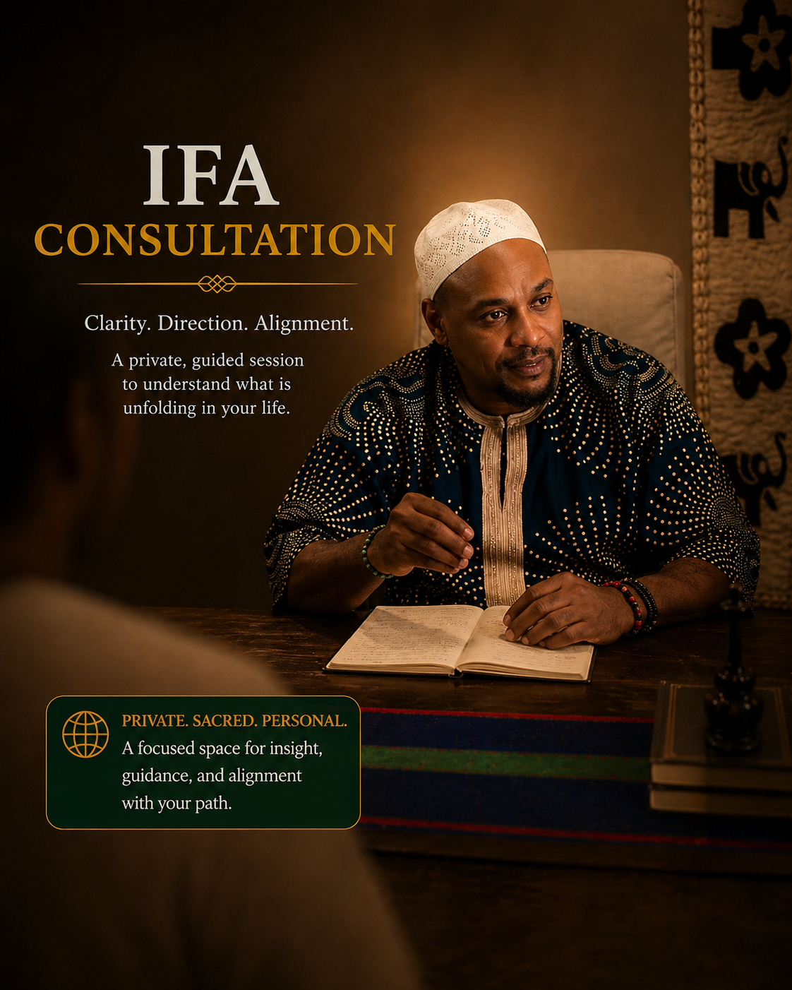 Private Ifa consultation session with Oba Ifagbemi providing spiritual guidance and clarity using the Ifa divination system.