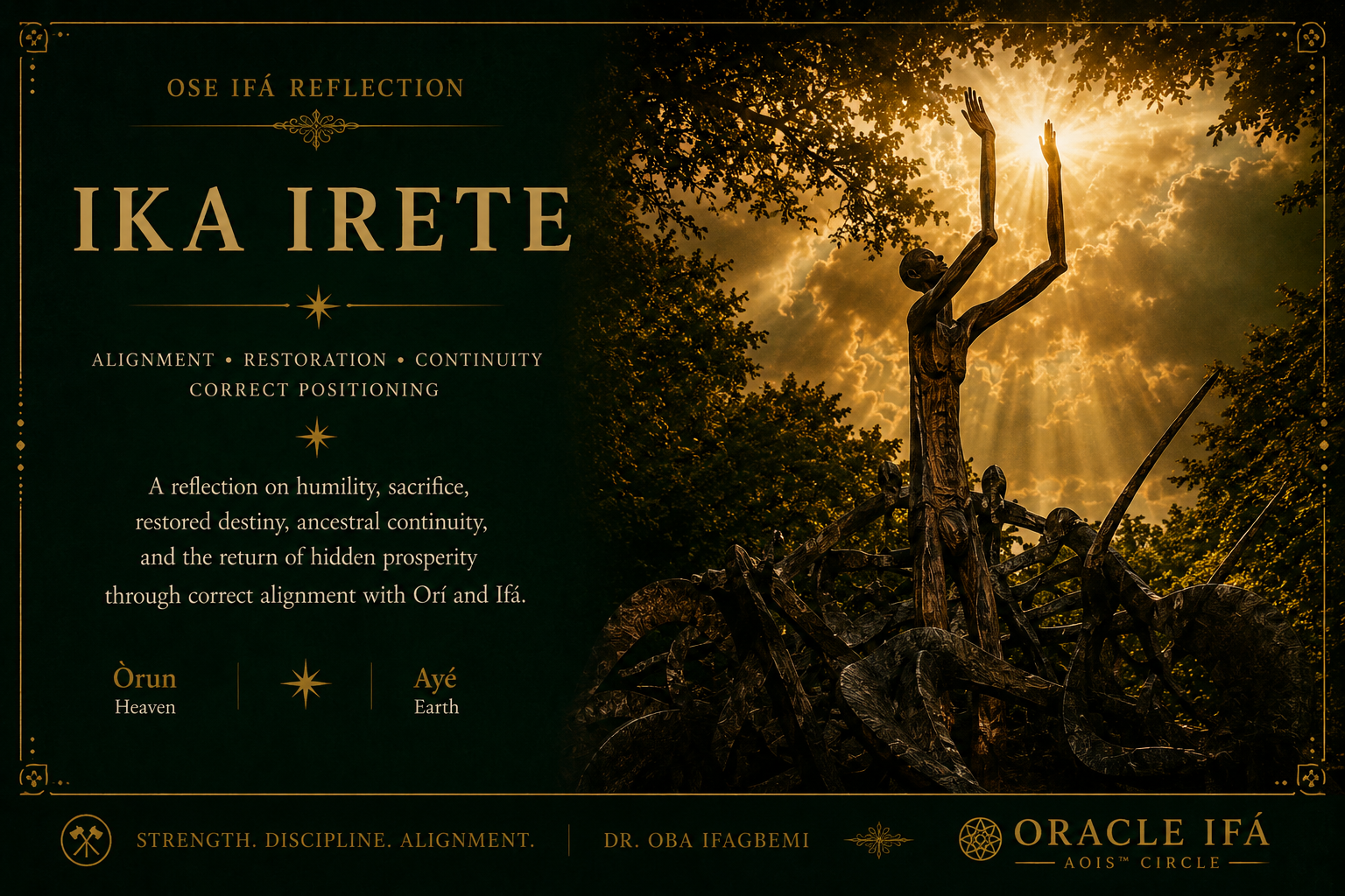 Ose Ifá reflection cover image depicting Ika Irete, alignment, restoration, Ori consciousness, sacred continuity, and the relationship between Òrun and Ayé through ancestral symbolism and contemplative atmosphere.