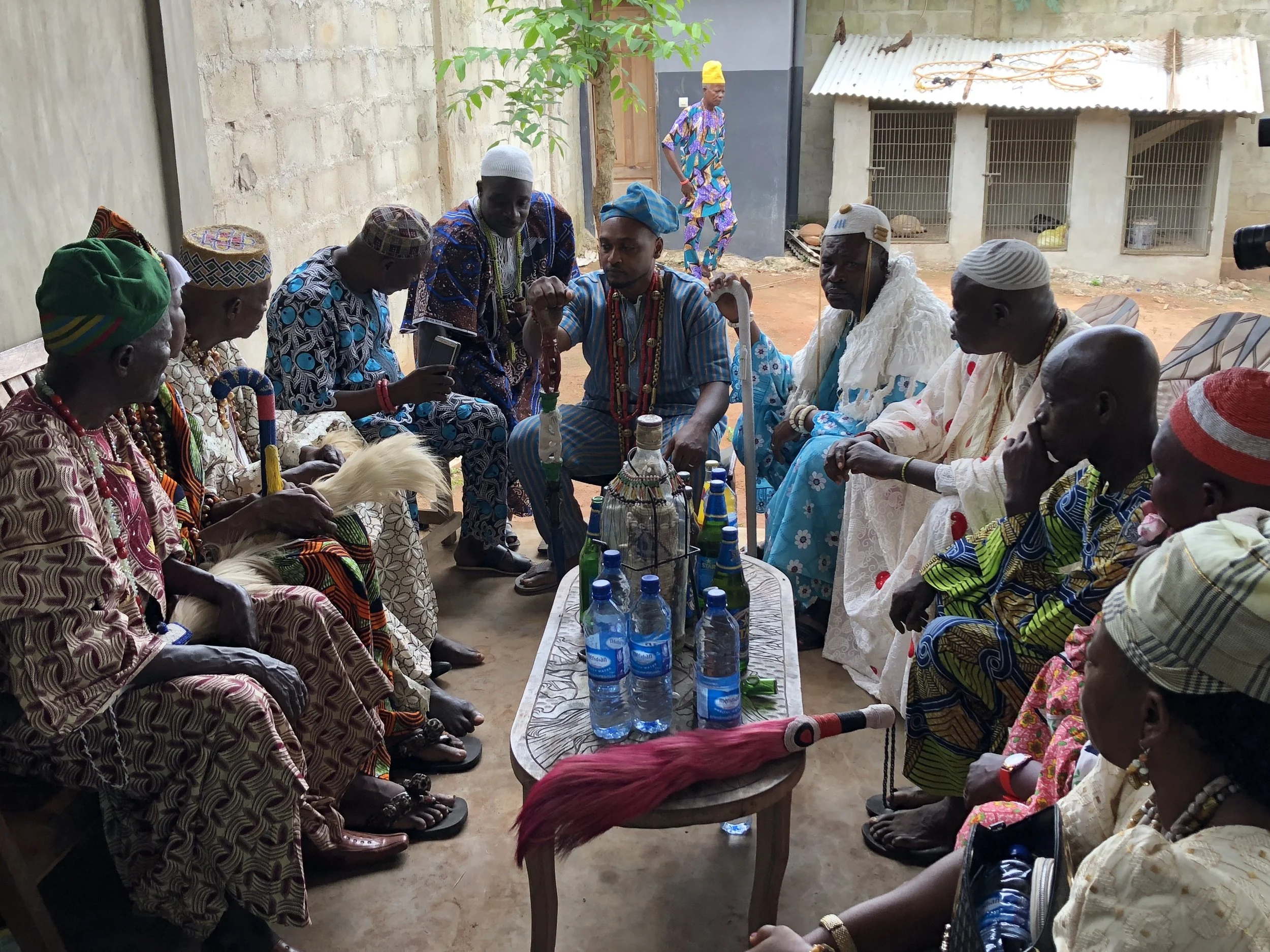 Gathering of traditional leaders in the Republic of Benin during the confirmation of Kabíyèsí Dr. Oba Ifágbèmí as ObaRisa of America and Founder. The occasion brought together Obas, Araba Ifá priests, and respected Vodun elders in recognition of deca