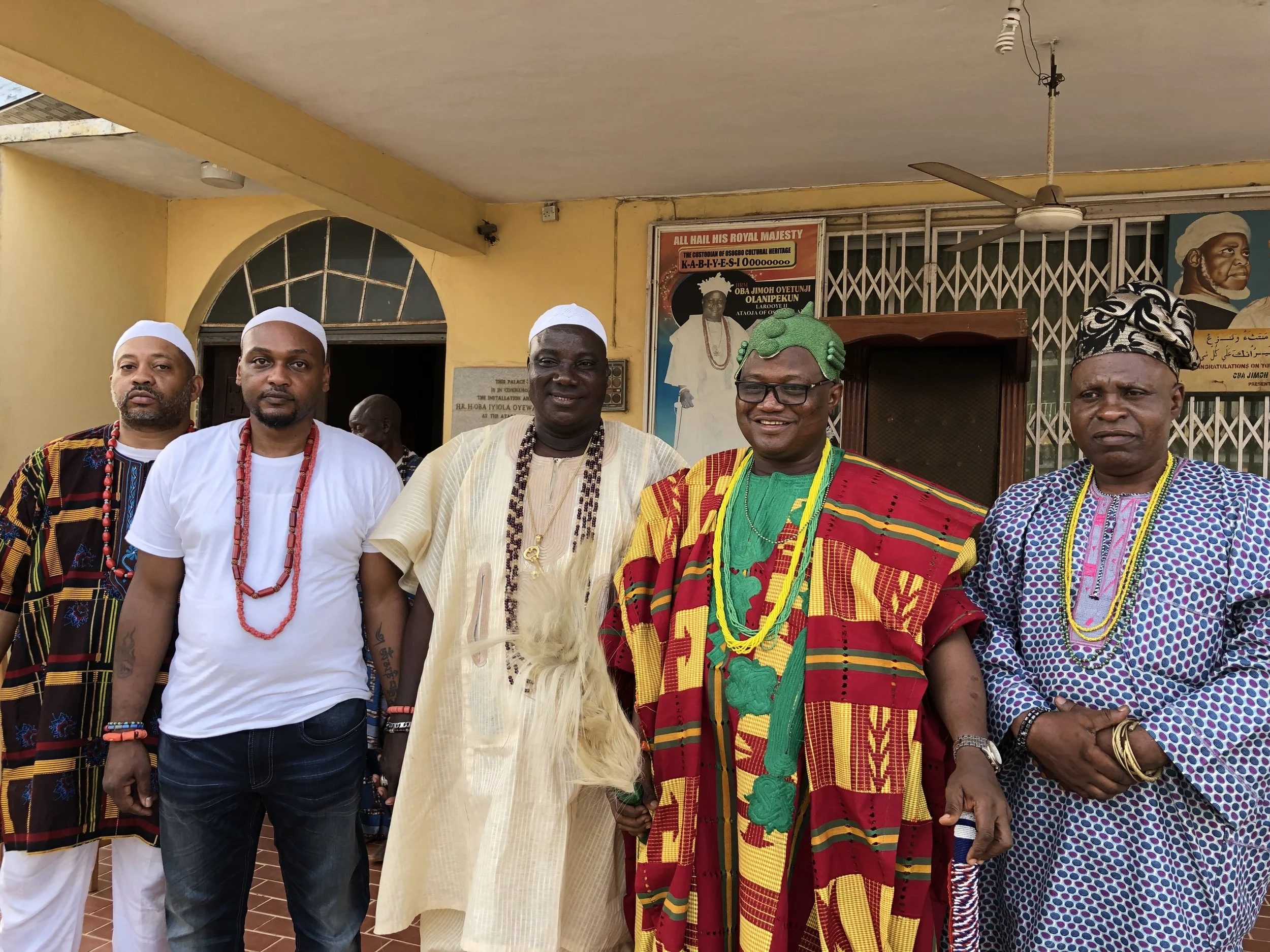Receiving an official audience with His Imperial Majesty, the Ataoja of Osogbo, at the Royal Palace before being escorted to the Ogboni Temple of Osogbo within the sacred Ọ̀ṣun-Òṣogbo Grove for traditional ceremonial proceedings.