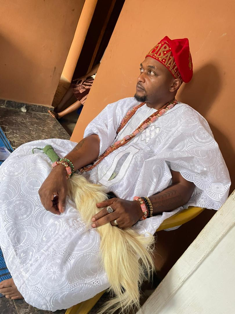 Seated in traditional royal regalia following the conferment of the title Obanilẹ́fà of Ilobu, recognizing dedicated service, traditional leadership, and stewardship in the preservation and advancement of the living heritage of Ifá and the Òrìṣà trad