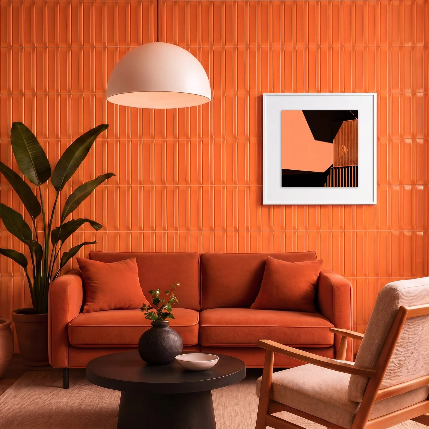 Mirador 07 framed photography print in bold orange tile and rust velvet interior
