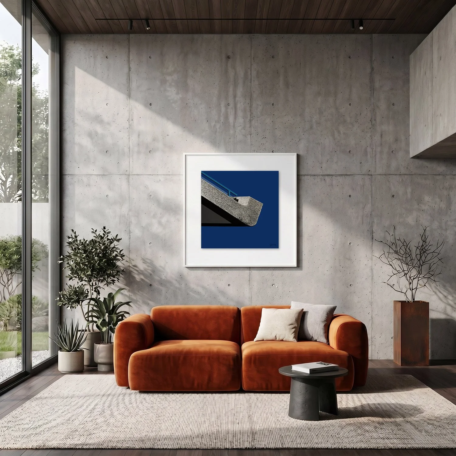 Barbican Centre 06 framed photography print in raw concrete and rust modern interior