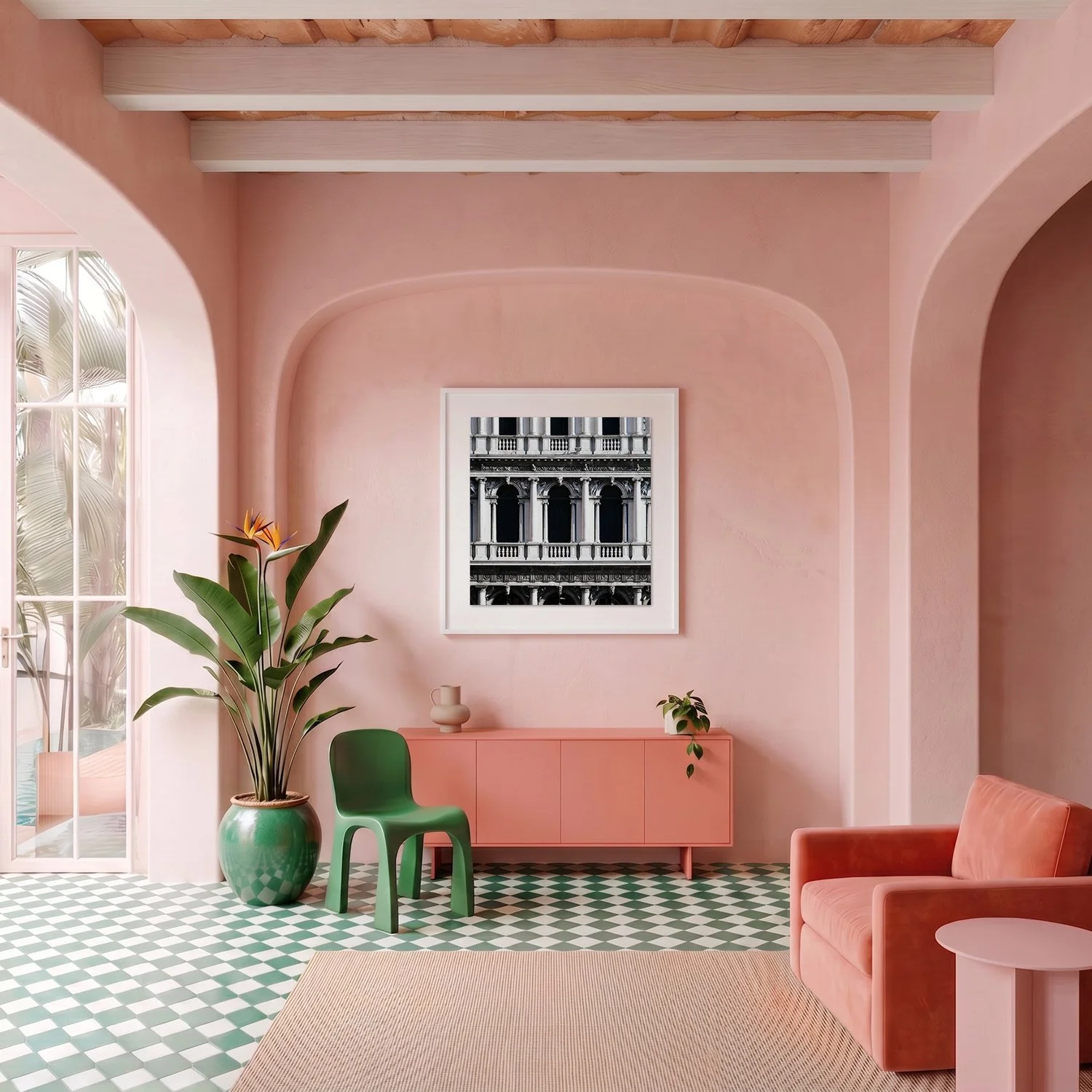 Venice 06 framed photography print in blush pink plaster and coral Mediterranean interior