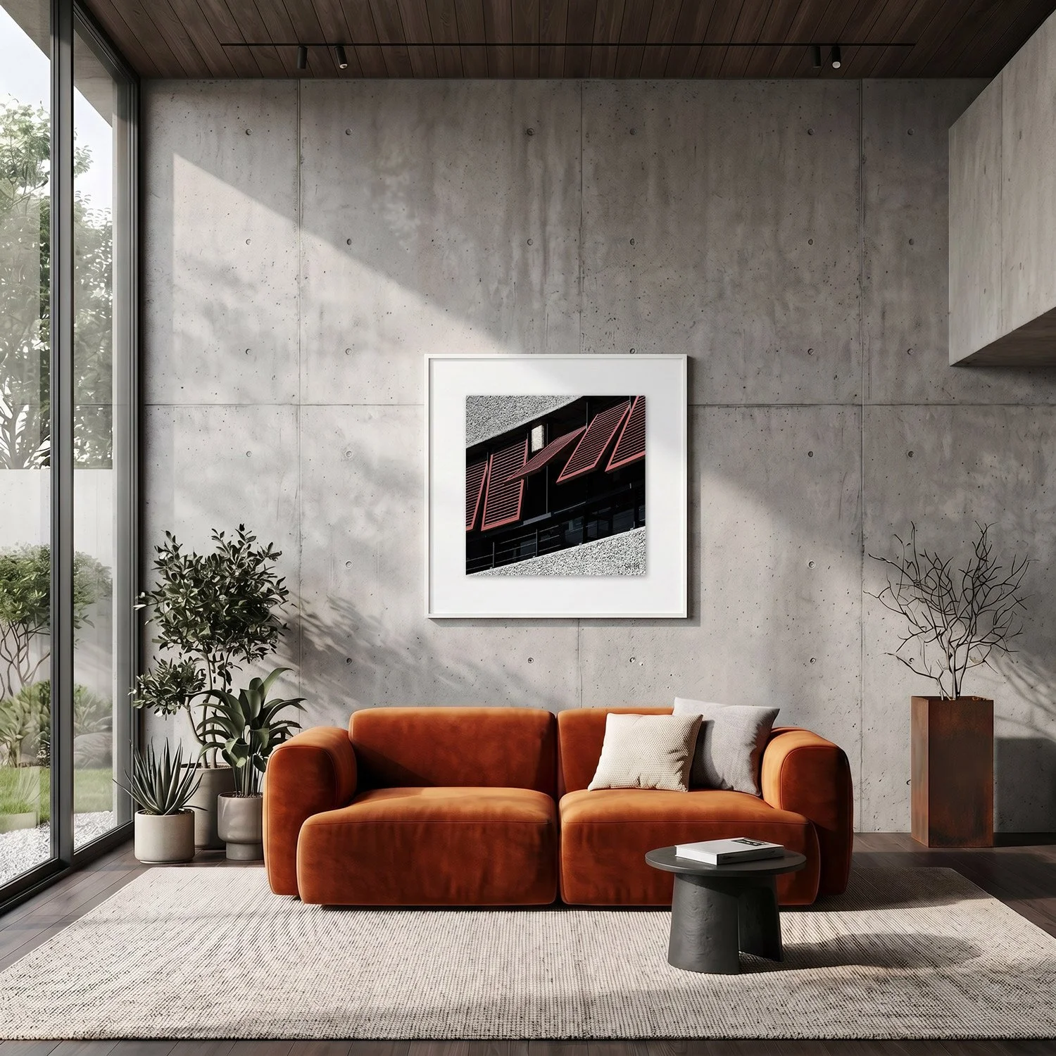 Barbican Centre 03 framed photography print in raw concrete and rust modern interior