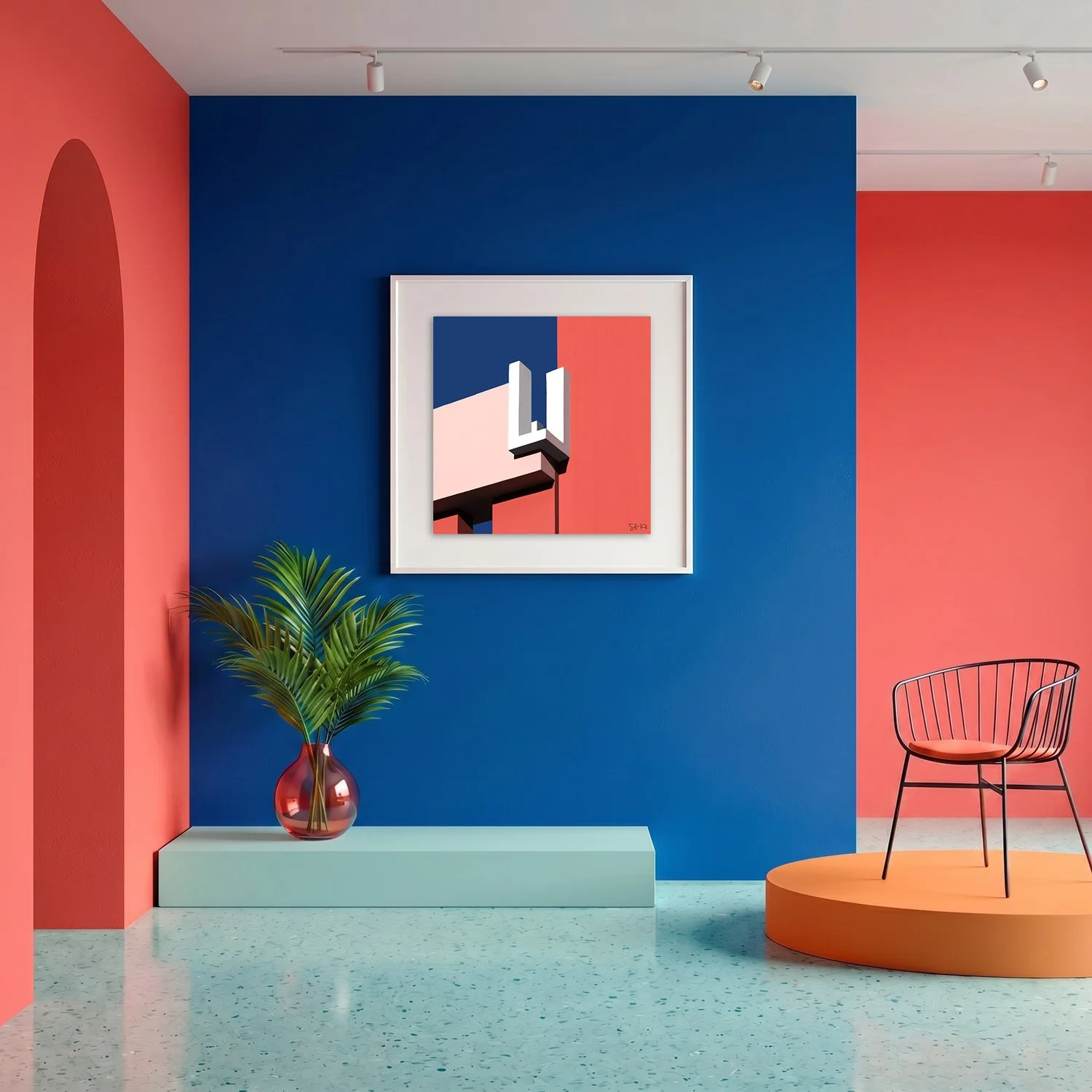 Muralla Roja 05 framed photography print in bold cobalt blue and coral gallery interior