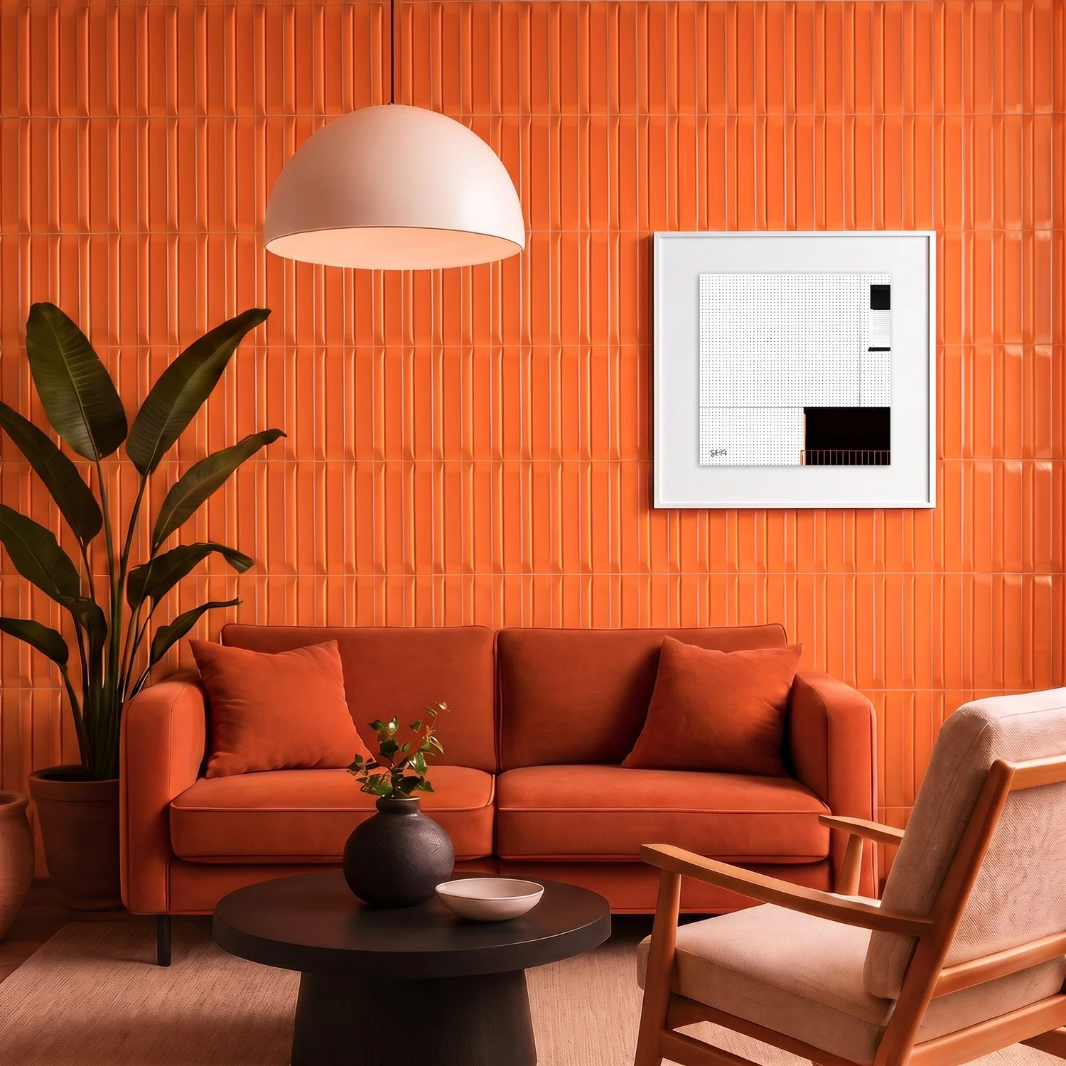 Mirador 05 framed photography print in bold orange tile and rust velvet interior