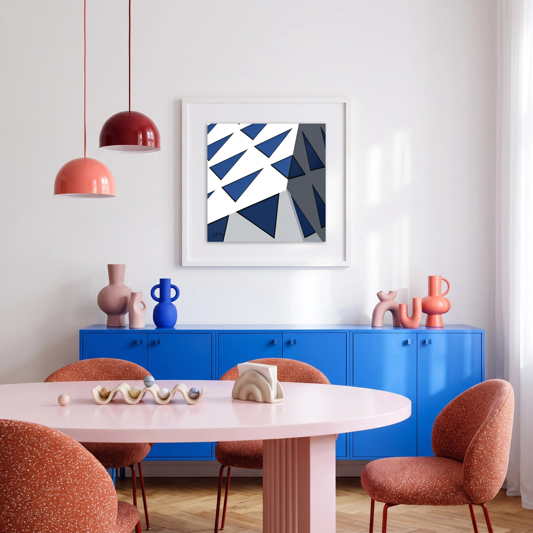Provinciehuis 08 framed photography print in cobalt blue and coral playful modern dining room