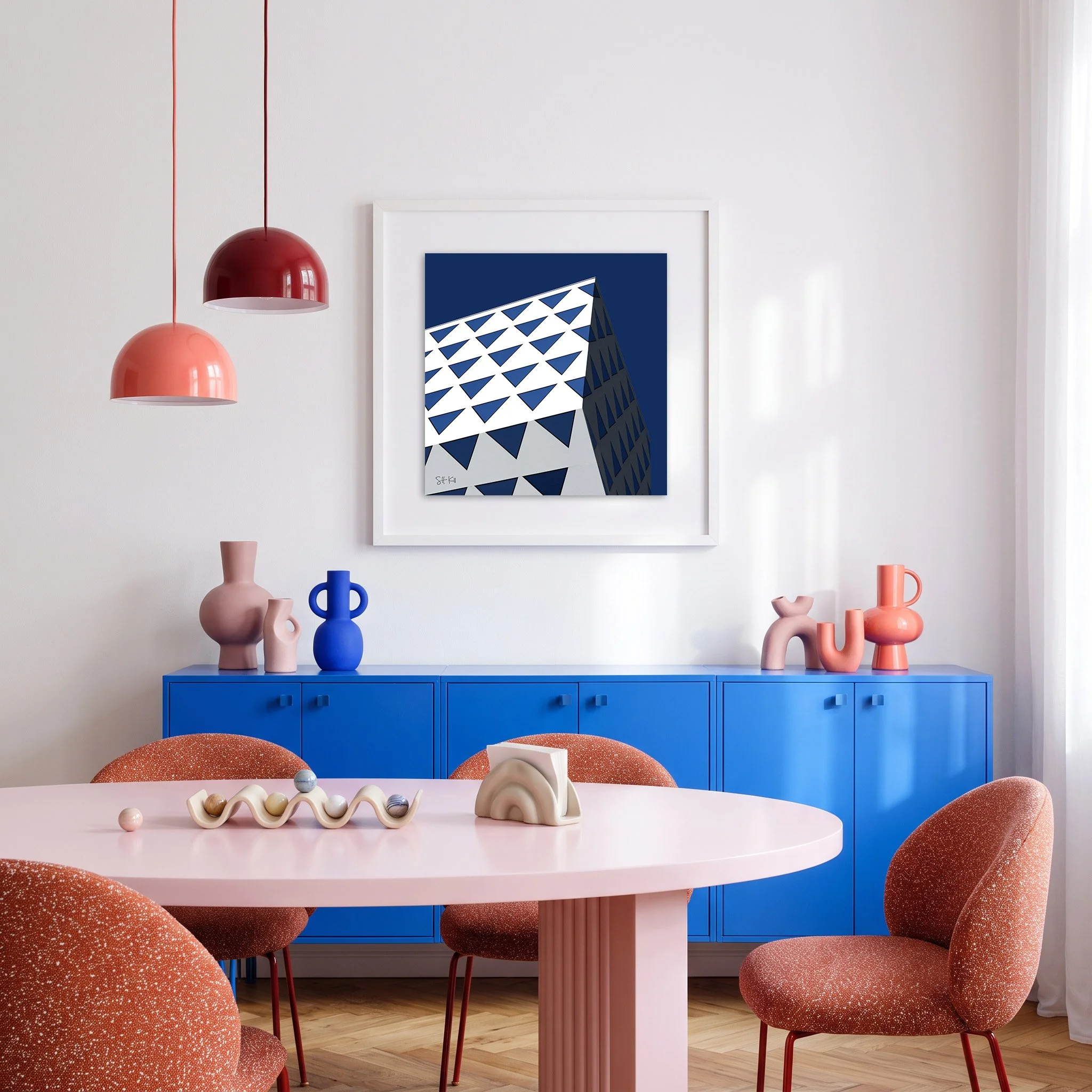 Provinciehuis 01 framed photography print in cobalt blue and coral playful modern dining room