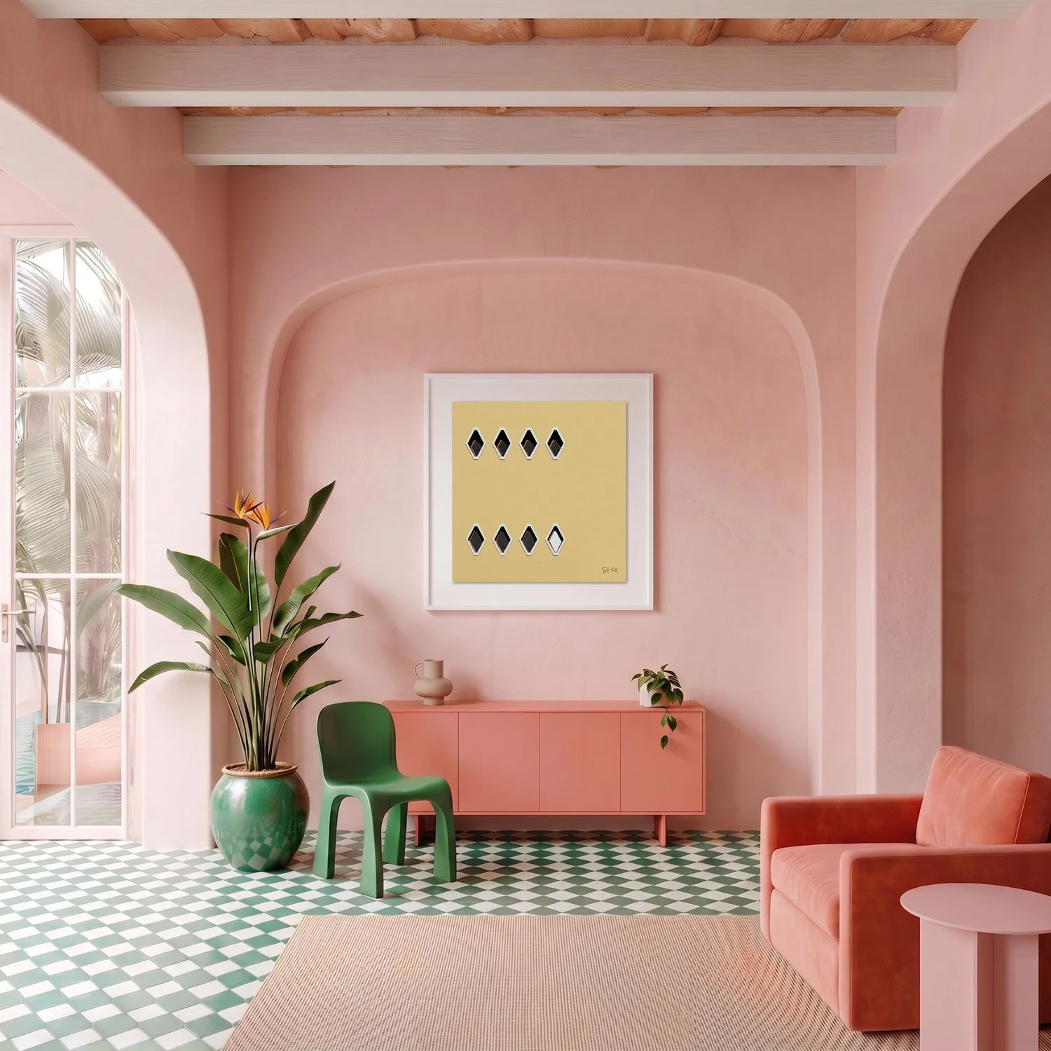 Venice 04 framed photography print in blush pink plaster and coral Mediterranean interior