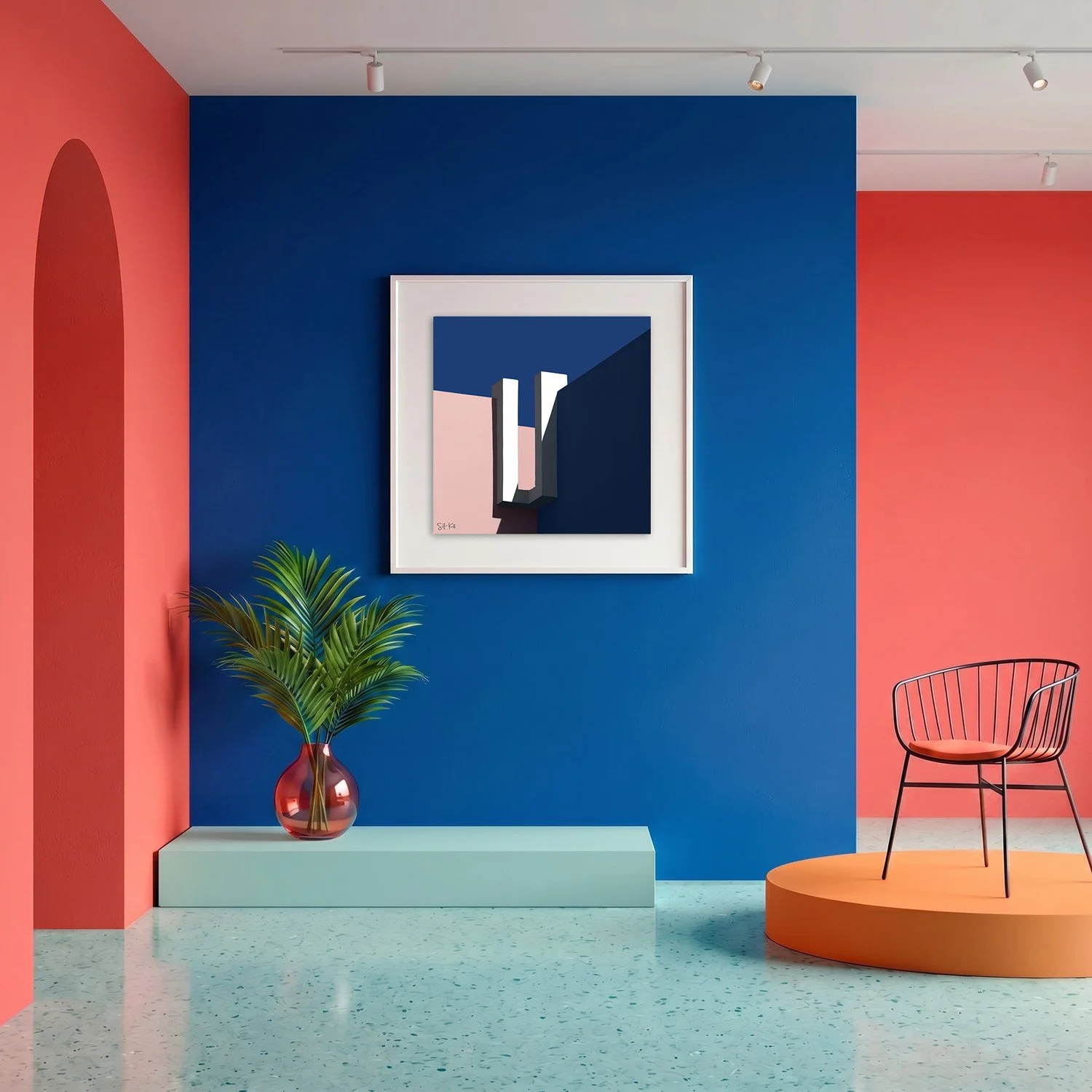 Muralla Roja 09 framed photography print in bold cobalt blue and coral gallery interior