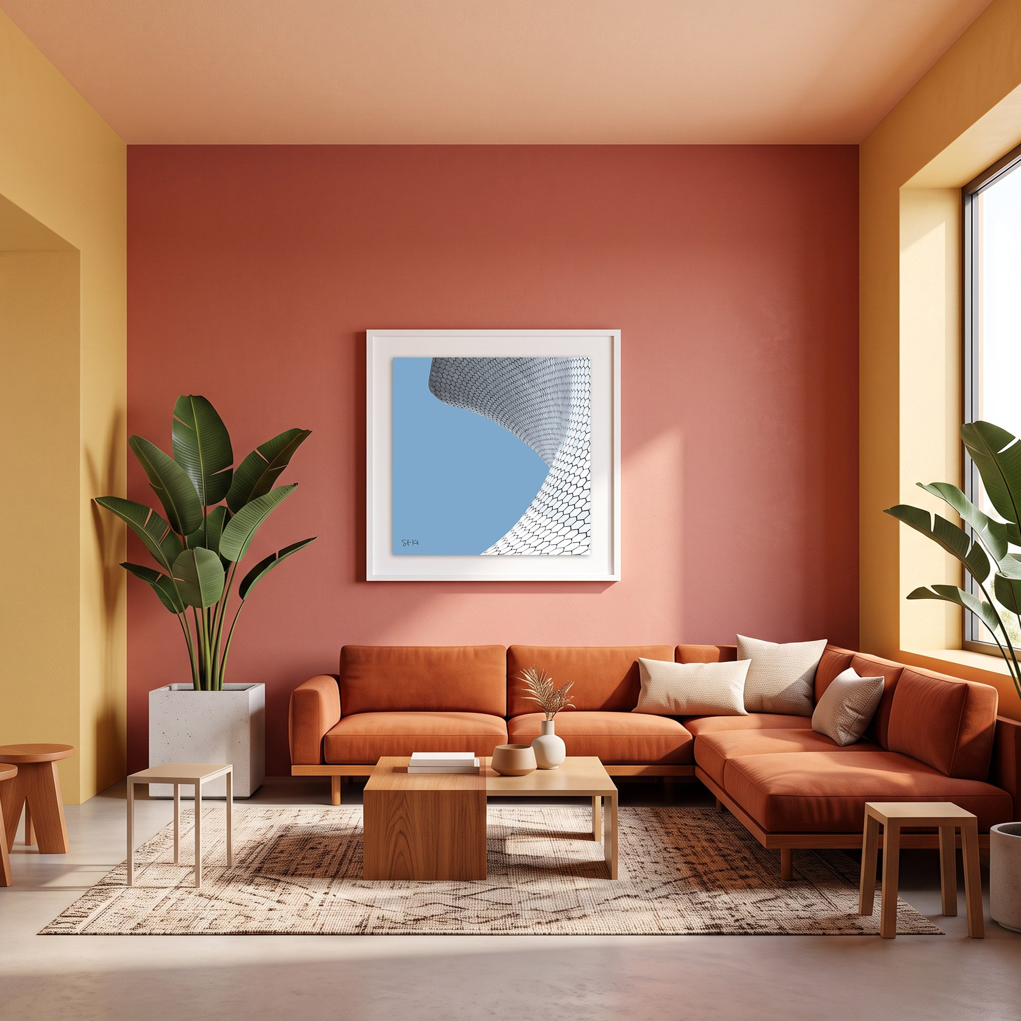 Museo Soumaya 01 framed photography print in terracotta and amber modern living room