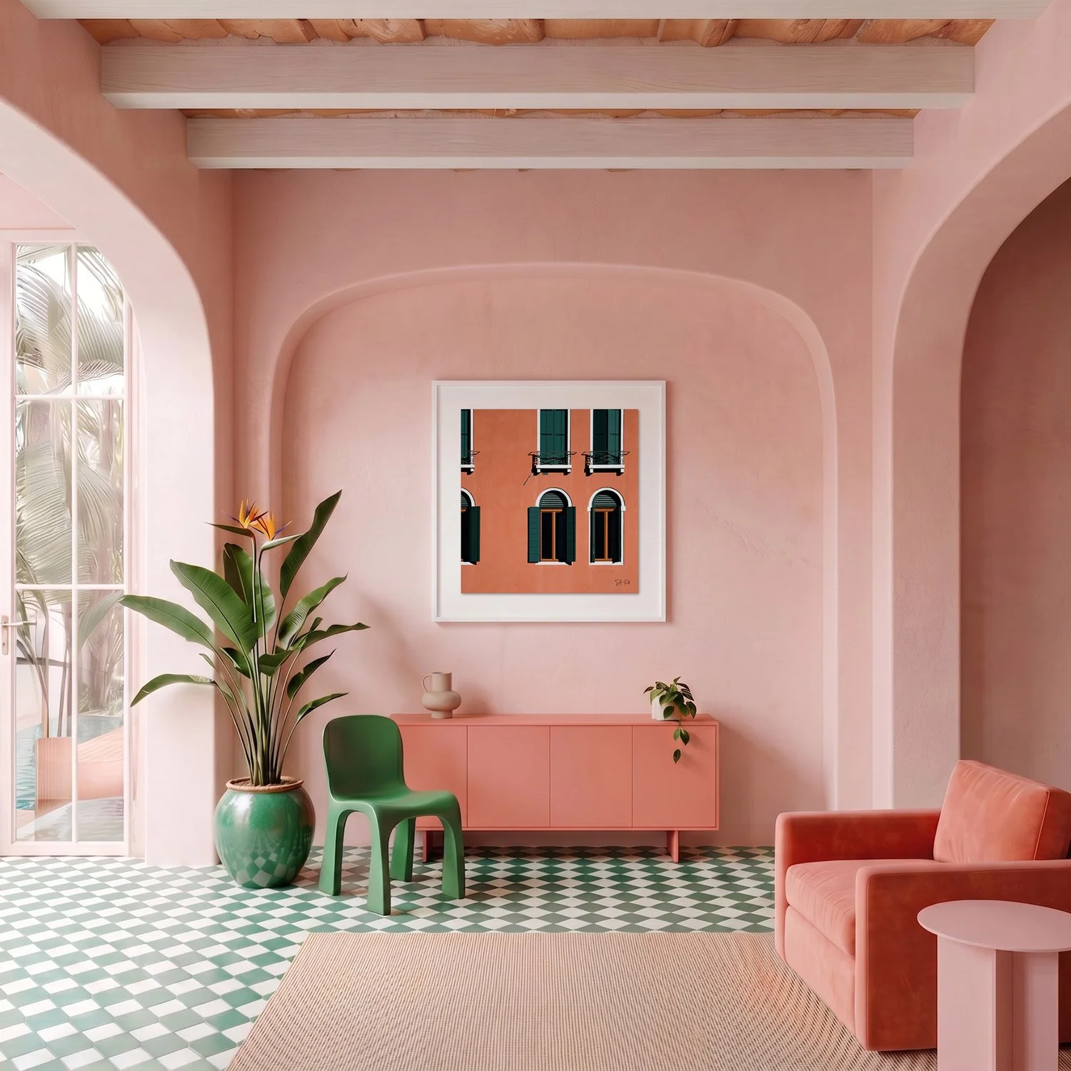 Venice 10 framed photography print in blush pink plaster and coral Mediterranean interior