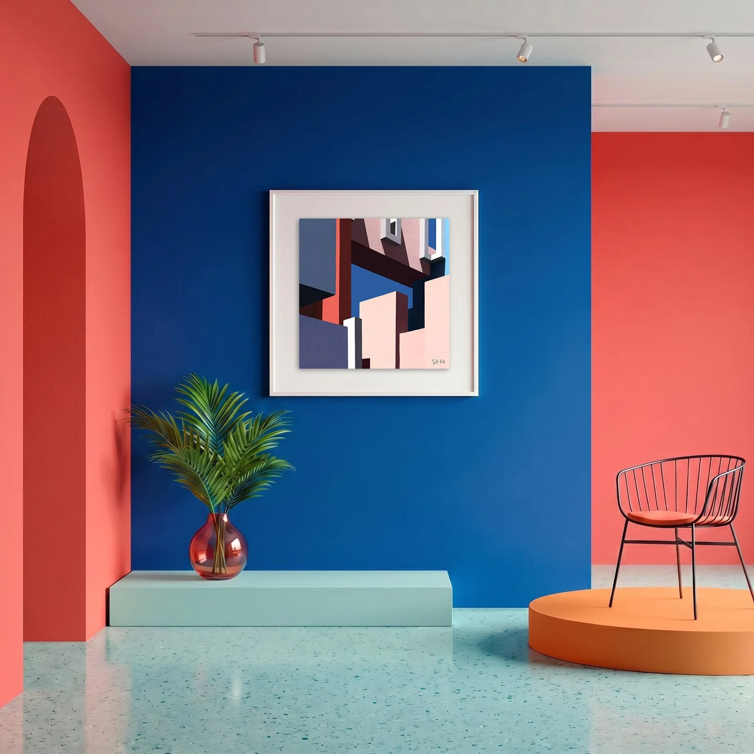 Muralla Roja 29 framed photography print in bold cobalt blue and coral gallery interior