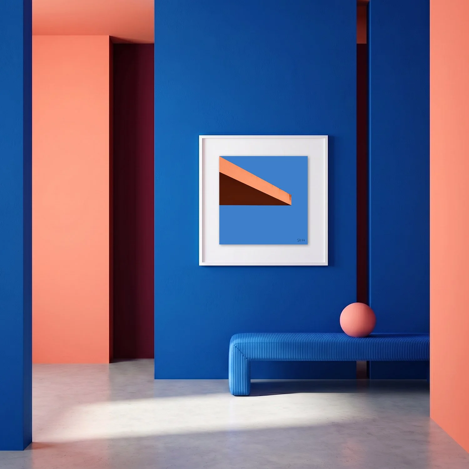 Cascais 05 framed photography print in cobalt blue and coral minimalist interior
