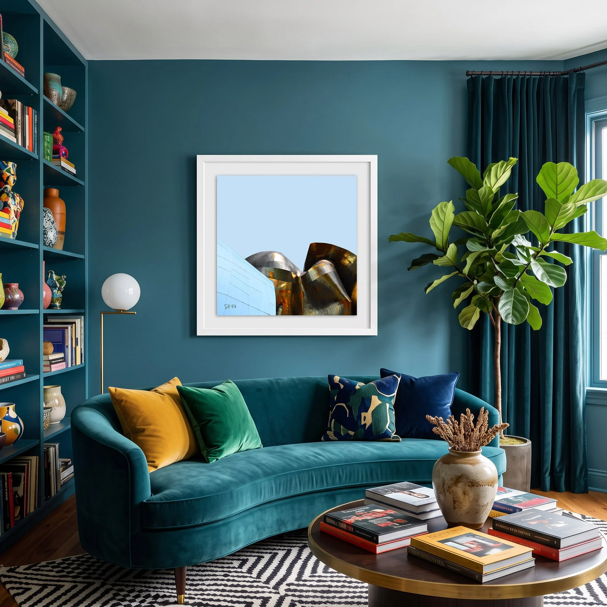 Seattle POP 02 framed photography print in teal and mustard eclectic living room