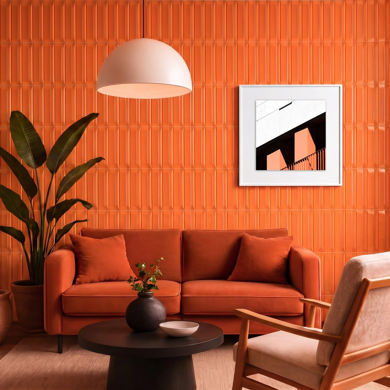 Mirador 10 framed photography print in bold orange tile and rust velvet interior